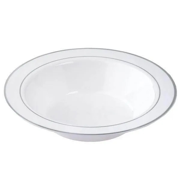 10 Pack 12oz White Silver Rimmed Plastic Bowls, Disposable Round Soup Bowls