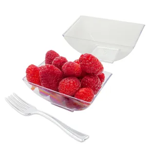 100 3 oz Rectangle Clear Plastic Small Architetto Bowls and 100 Silver Plastic 4" Mini Forks