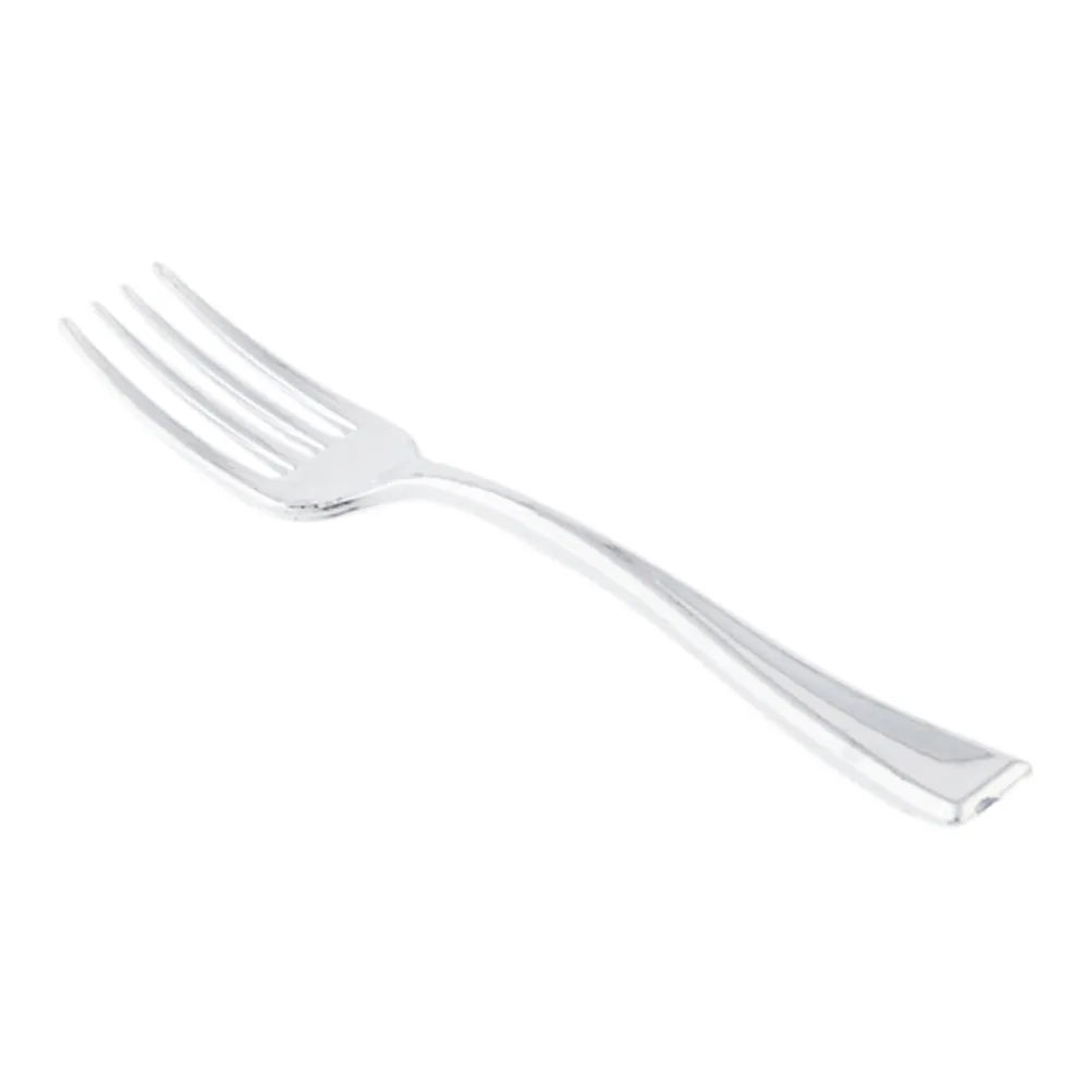 100 3 oz Rectangle Clear Plastic Small Architetto Bowls and 100 Silver Plastic 4" Mini Forks