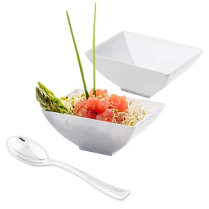 100 3 oz Rectangle White Plastic Small Architetto Bowls and 100 Silver Plastic 4" Mini Spoons