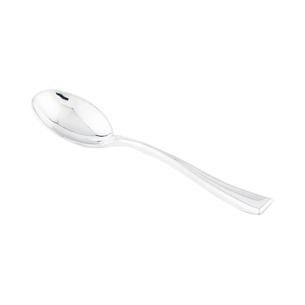 100 3 oz Rectangle White Plastic Small Architetto Bowls and 100 Silver Plastic 4" Mini Spoons