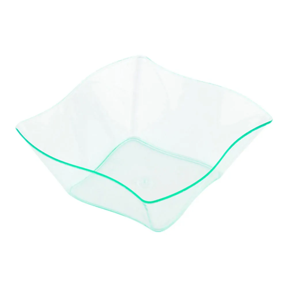 100 6 oz Square Seagreen Plastic Aqua Bowls and 100 Silver Plastic 4" Mini Forks