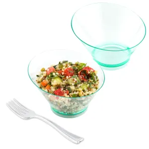 100 7 oz Round Seagreen Plastic Incline Bowls and 100 Silver Plastic 4" Mini Forks