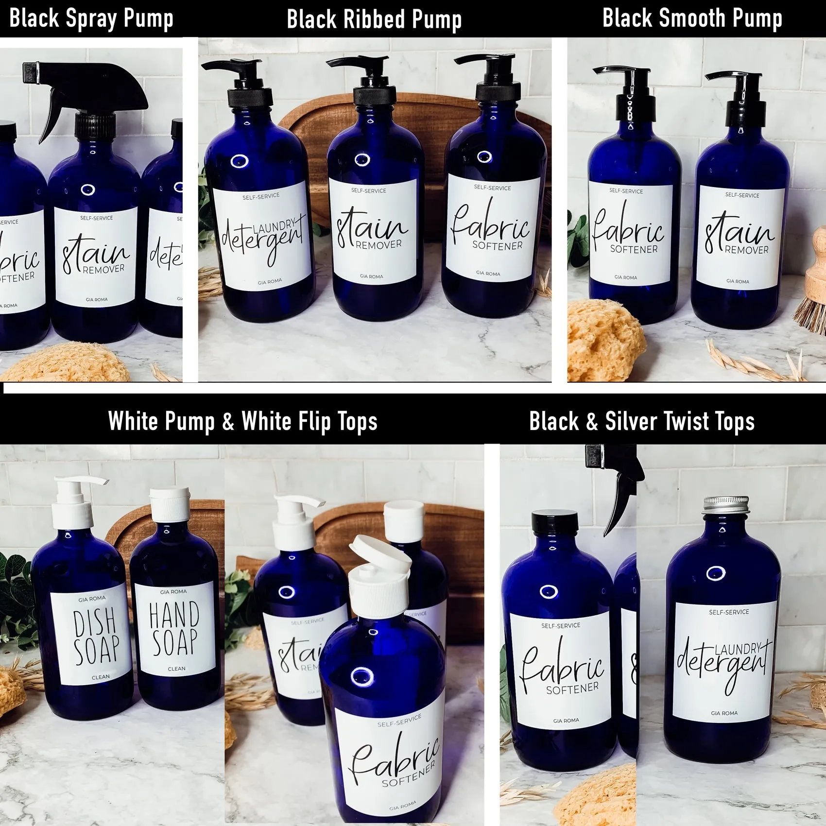 16oz Reusable Soap and Lotion Dispensers with Blue Glass and Black Labels