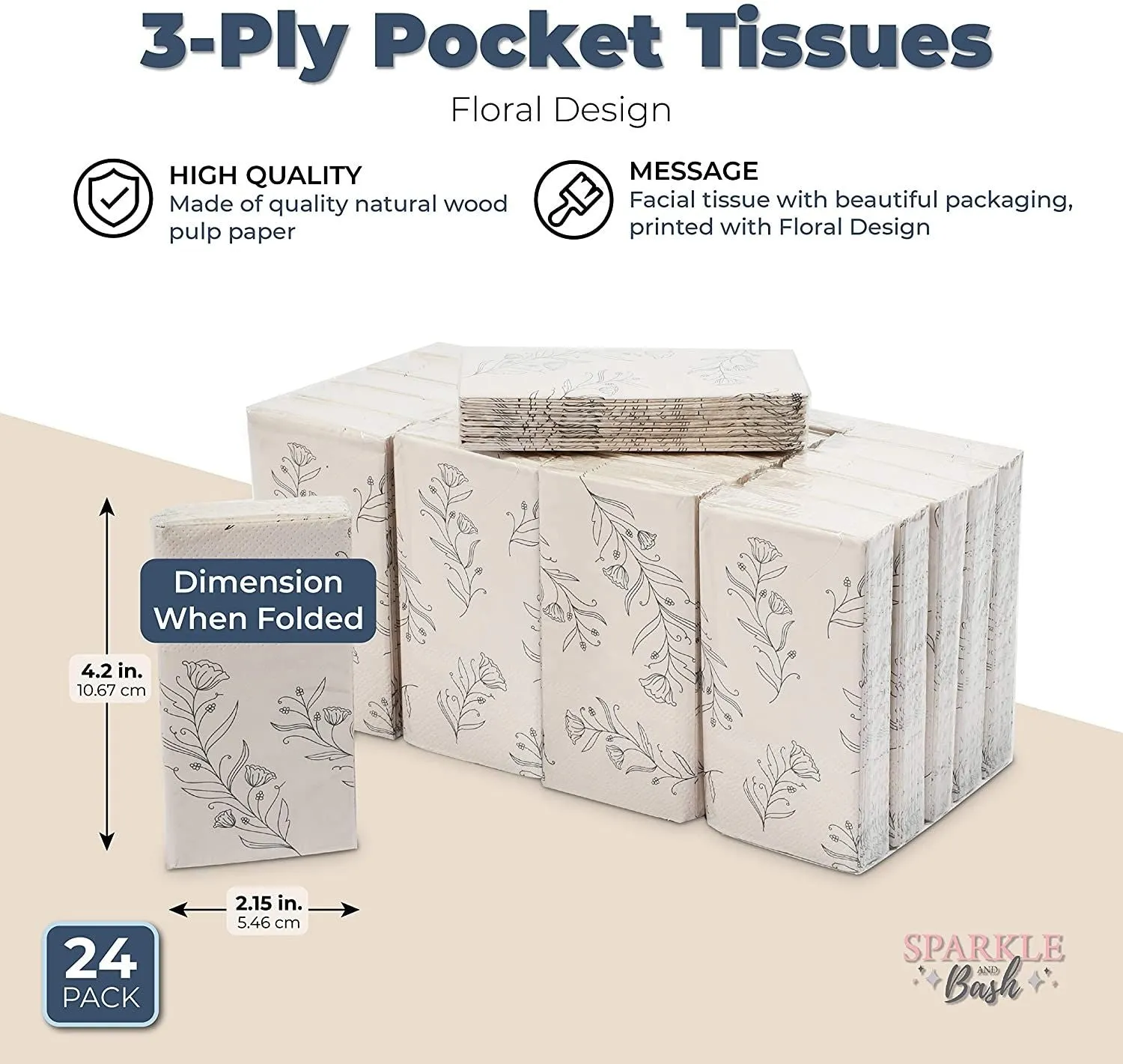 24 Pack 3-ply Travel Size Pocket Tissue - Small Tissue Packs for Home, Car, Wedding (100 Tissues Per Pack, Floral Design)