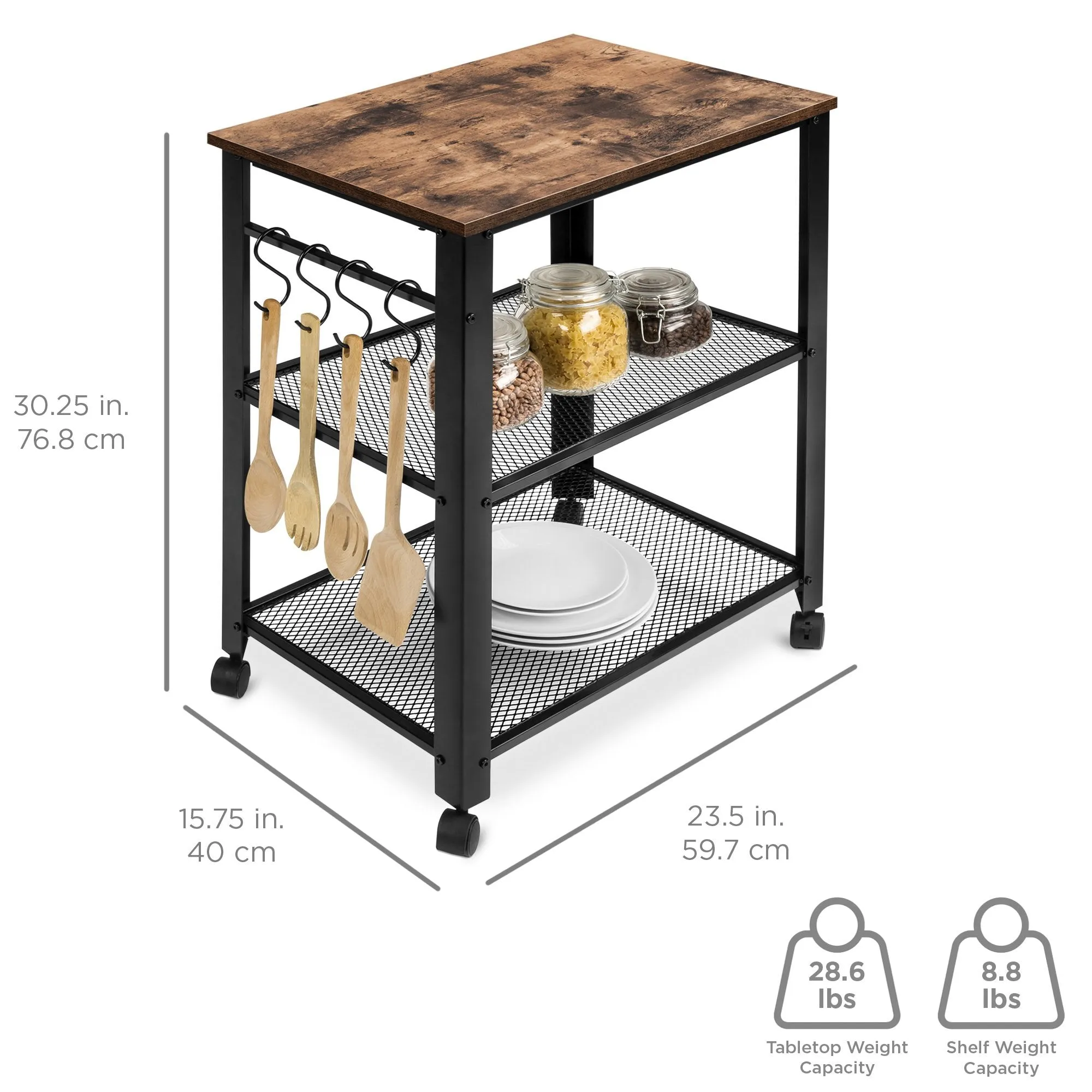 3-Tier Rustic Industrial Rolling Utility Serving Cart w/ 2 Shelves, 4 Hooks