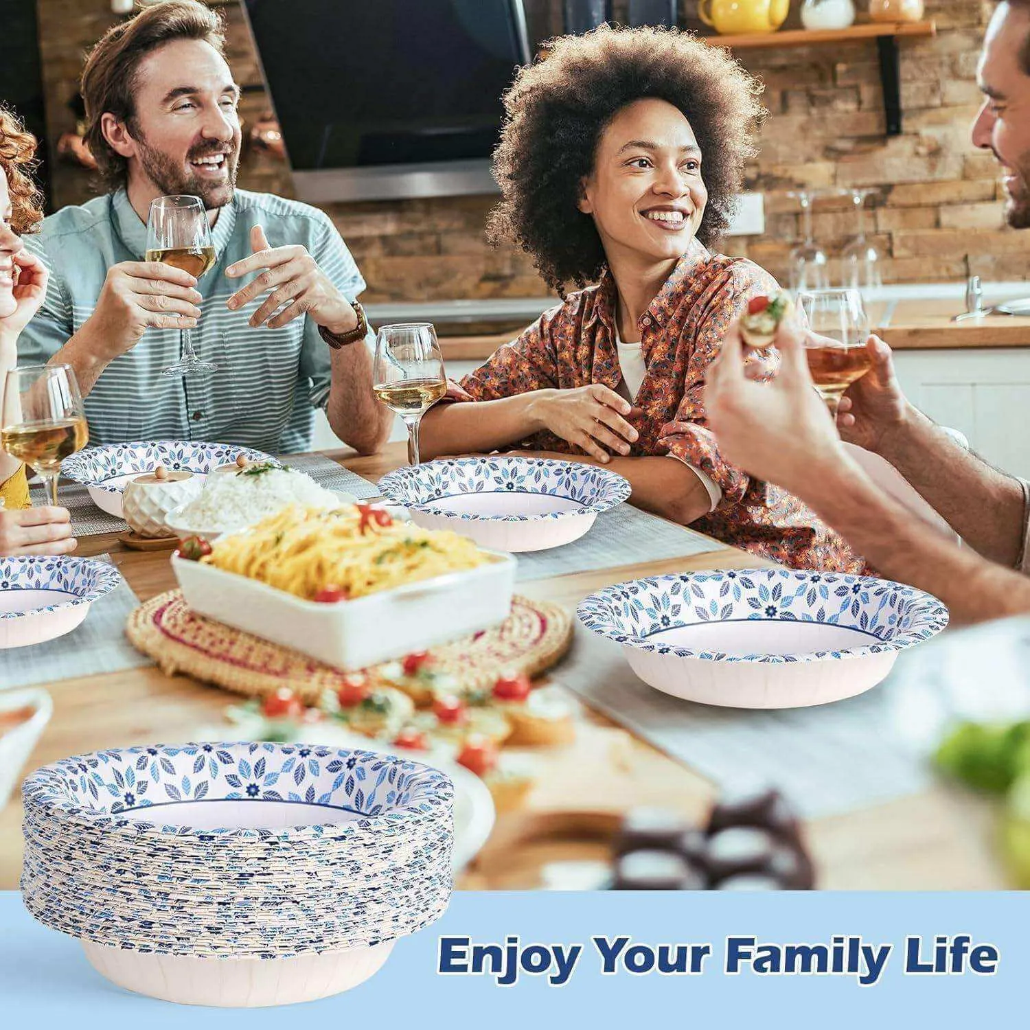 Blue Leaf Pattern Rim Paper Bowls