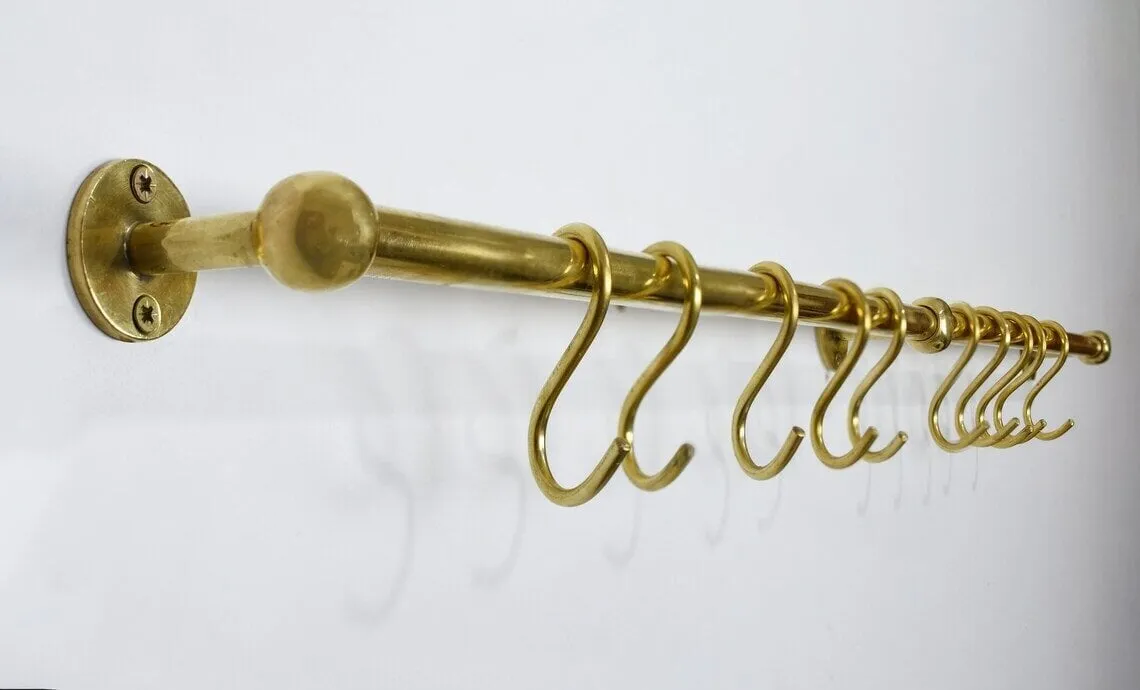 Brass Pot Rail With Hooks, Unlacquered Brass Kitchen Pot Rack, Pot Hangers