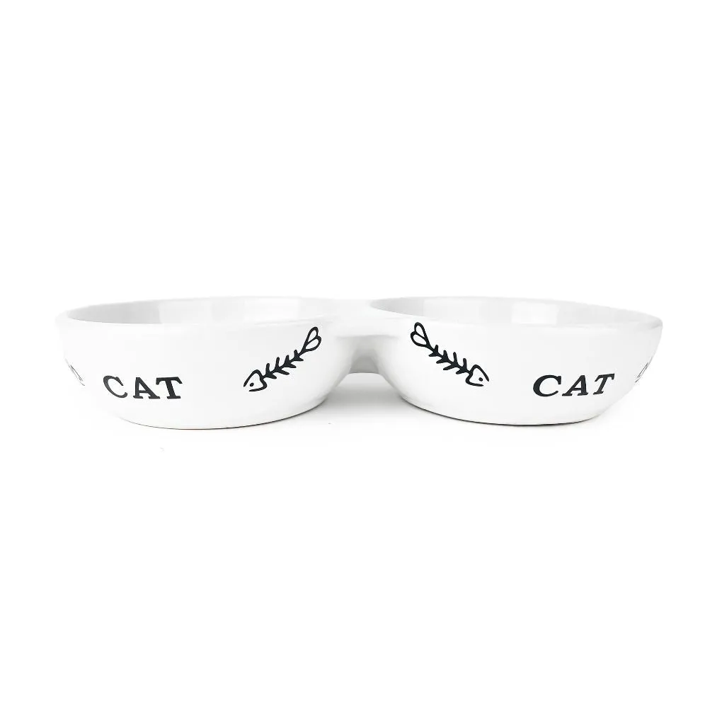 Cattitude Ceramic Double Bowl Fishbone White