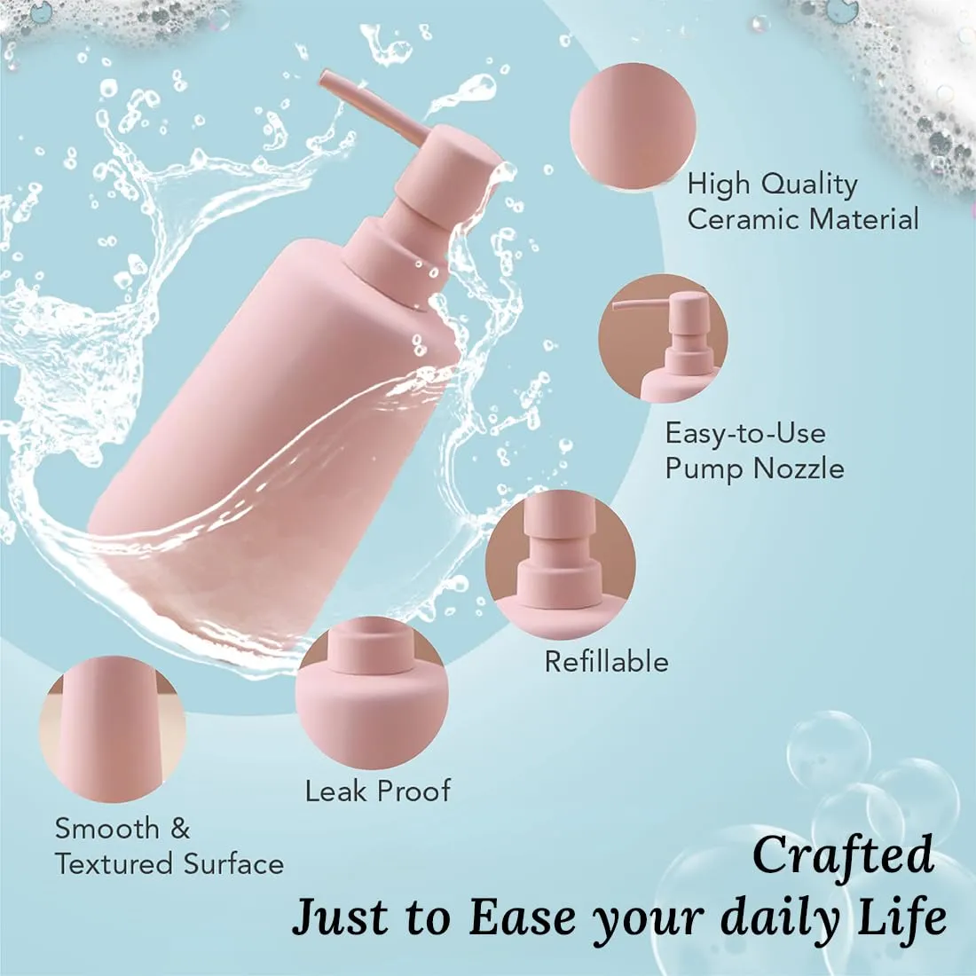 Ekhasa Ceramic Handwash Dispenser Bottle (260ml, Pink, Set of 3) | Liquid Soap Dispenser for Bathroom, Wash Basin & Kitchen | Bathroom Sanitizer, Lotion, Shampoo Dispenser | Hand Wash Dispensers Pump