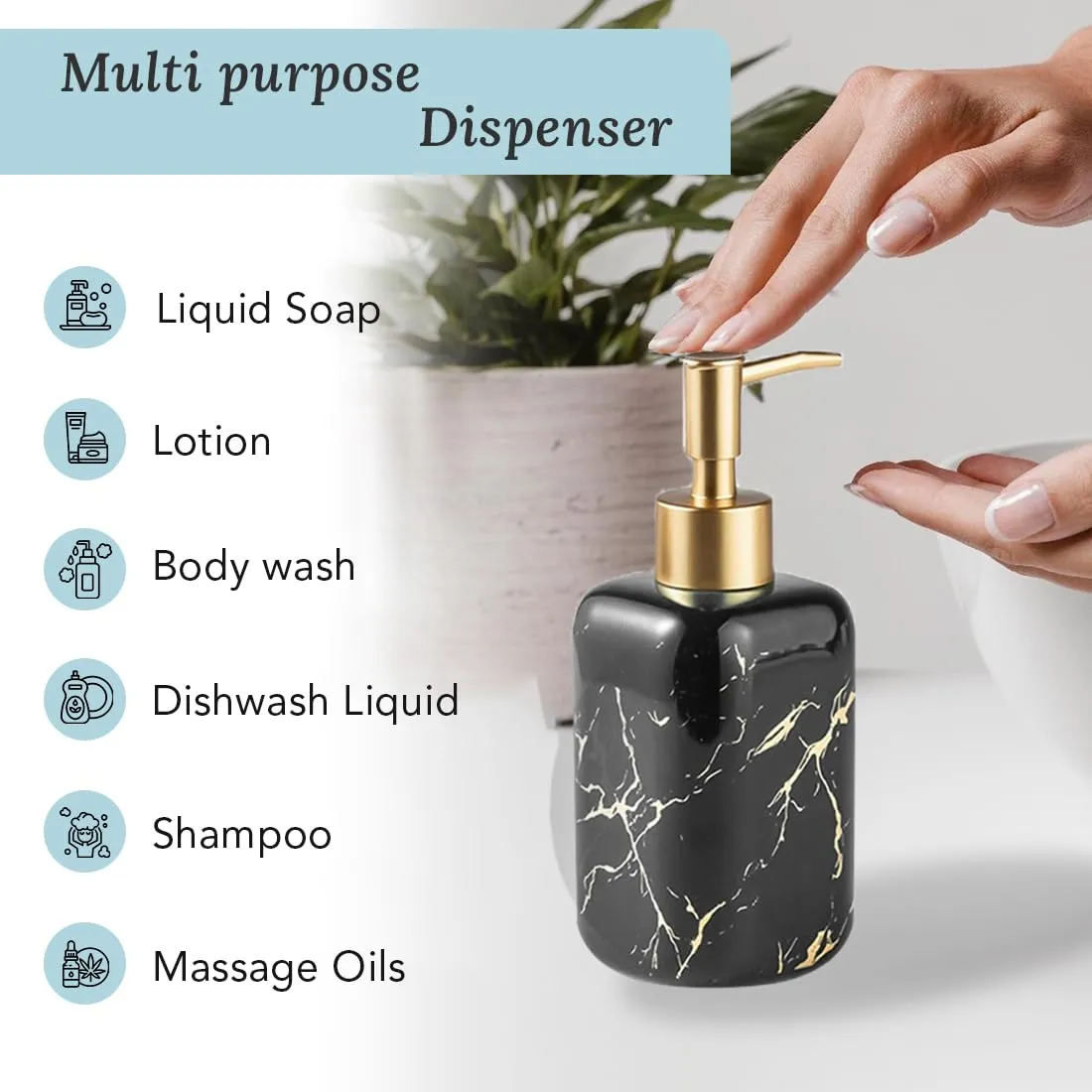 Ekhasa Ceramic Handwash Dispenser Bottle (300 ml, Black, Set of 2) | Liquid Soap Dispenser for Bathroom, Wash Basin & Kitchen | Bathroom Sanitizer, Lotion, Shampoo Dispenser | Hand Wash Dispenser Pump