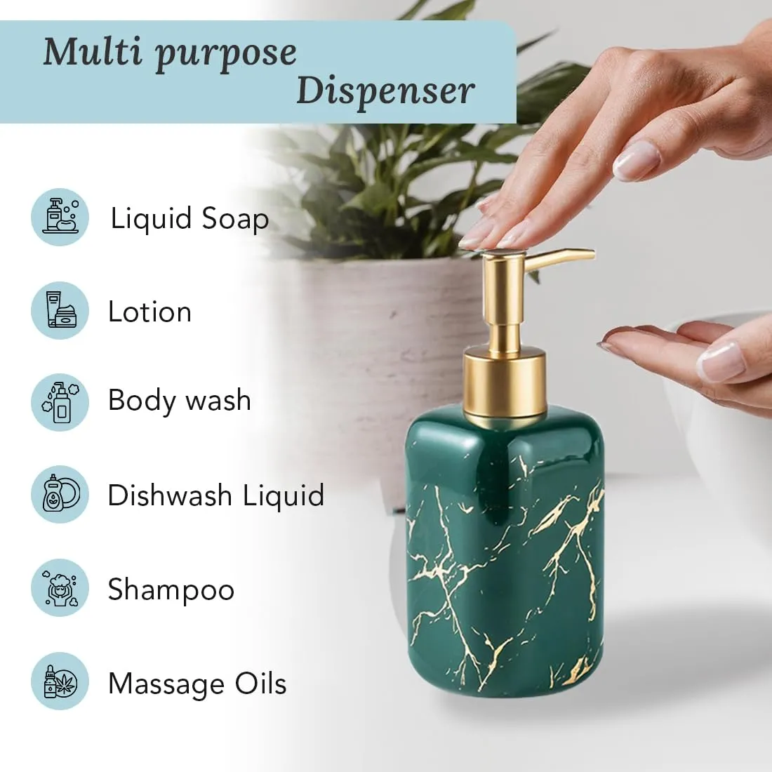 Ekhasa Ceramic Handwash Dispenser Bottle (300 ml) (Green) | Liquid Soap Dispenser for Bathroom, Wash Basin and Kitchen | Bathroom Sanitizer, Lotion, Shampoo Dispenser | Hand Wash Dispensers Pump