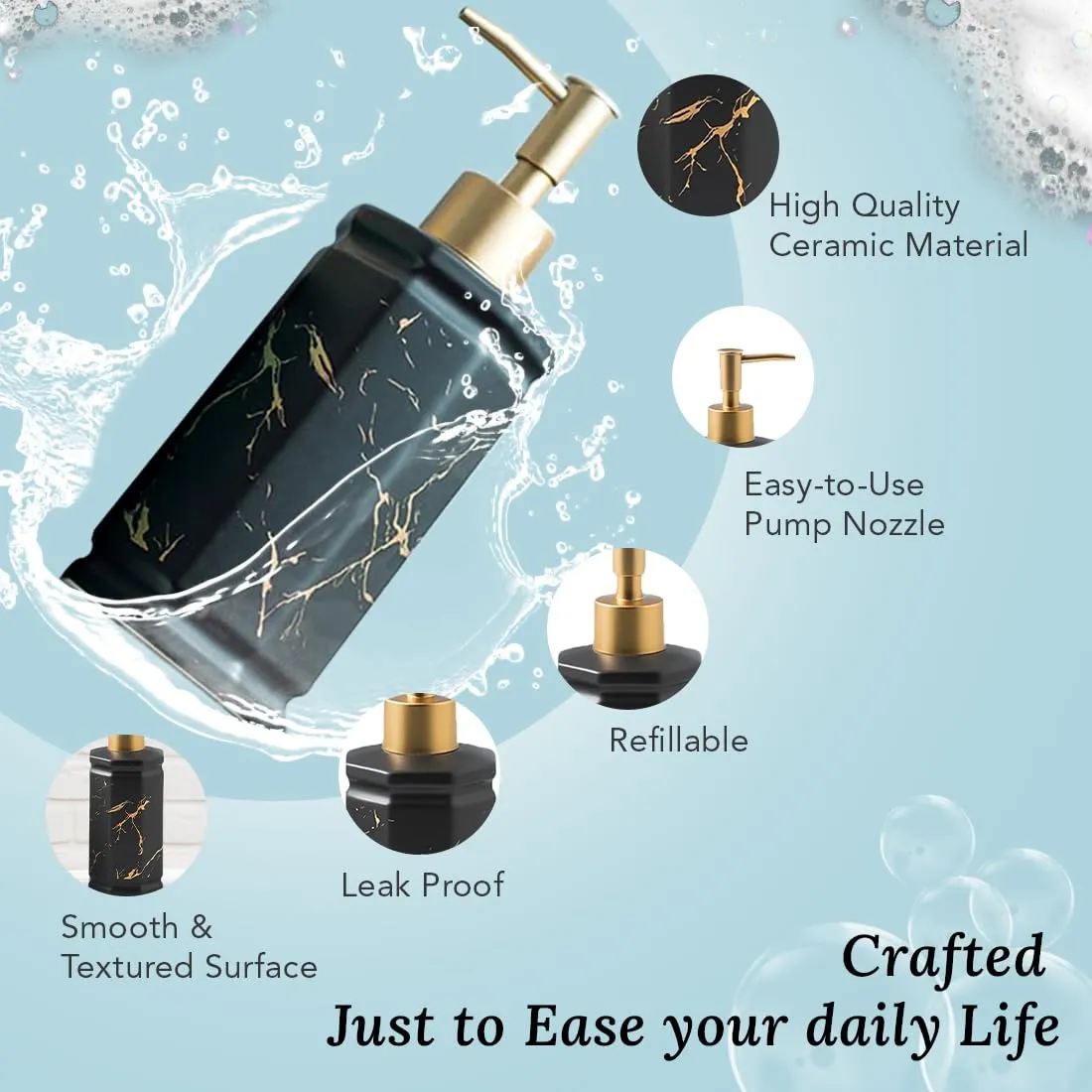 Ekhasa Ceramic Handwash Dispenser Bottle (350ml) (Black) | Liquid Soap Dispenser for Bathroom, Wash Basin and Kitchen | Bathroom Sanitizer, Lotion, Shampoo Dispenser | Hand Wash Dispensers Pump