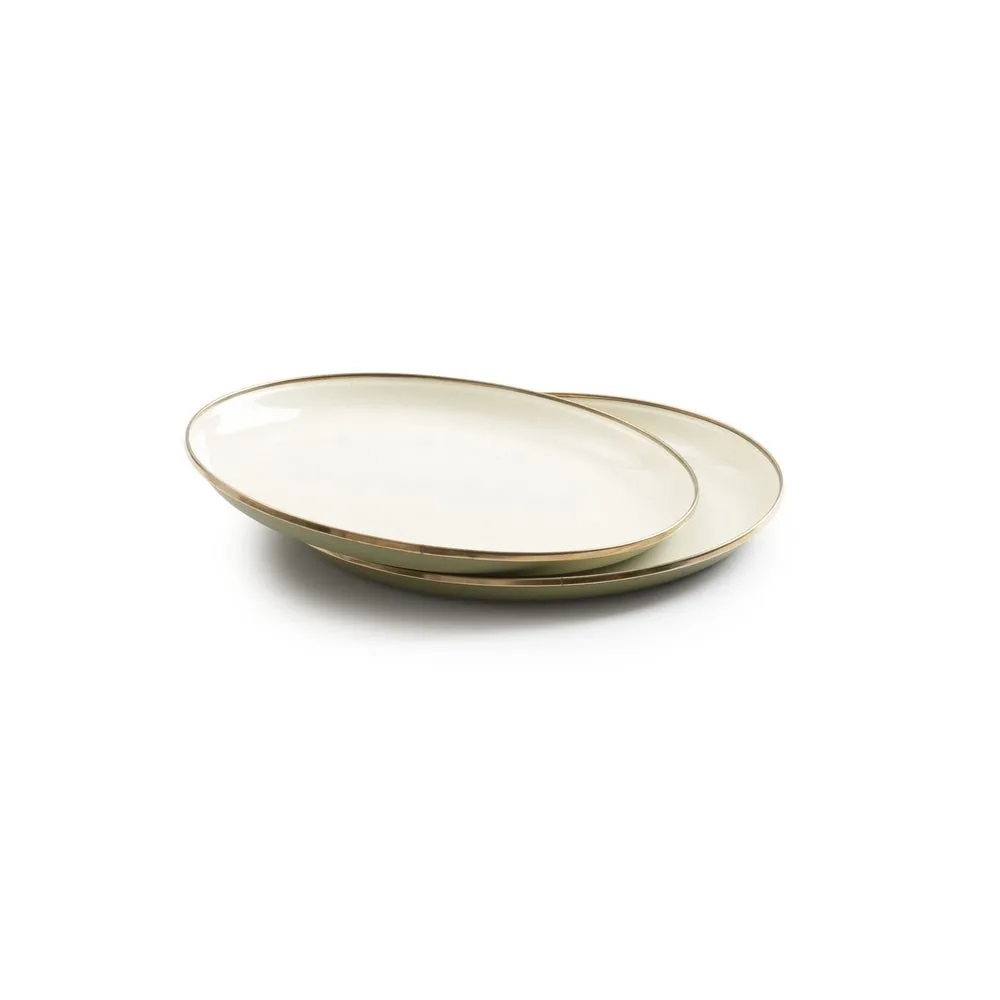 Enamel Plate Set - Set Of Two Plates - Two Tone Colour Olive & Cream