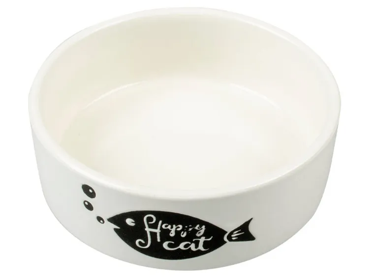 Feeding Bowl Stone Happy Cat Fish 300ml - Ø12cm white