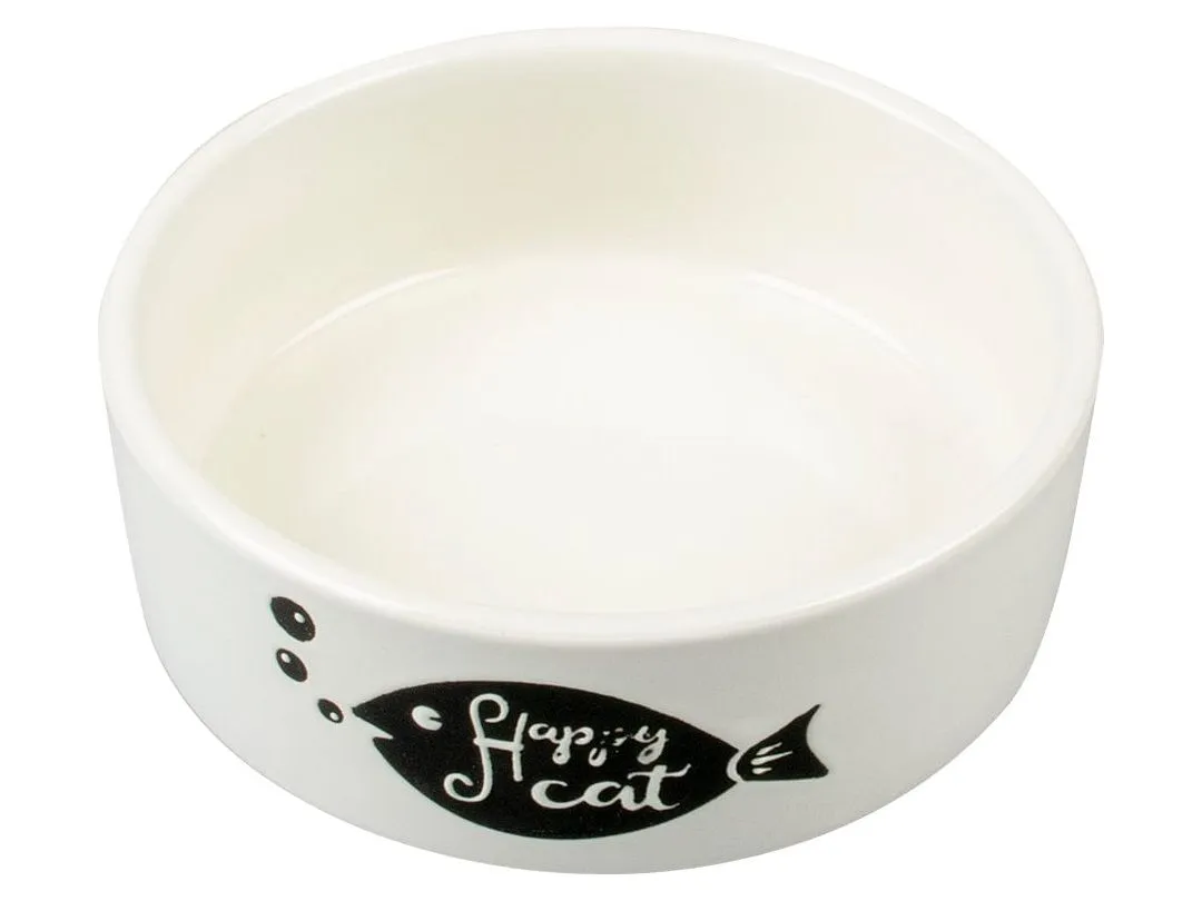 Feeding Bowl Stone Happy Cat Fish 300ml - Ø12cm white