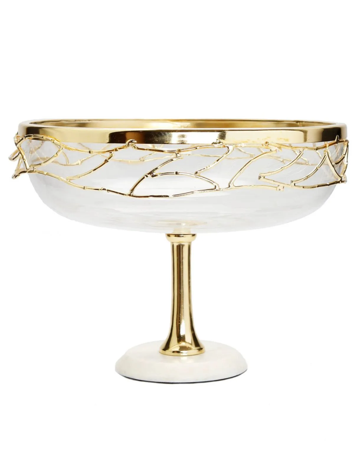 Glass Bowl with Gold Mesh Design on White Marble Base