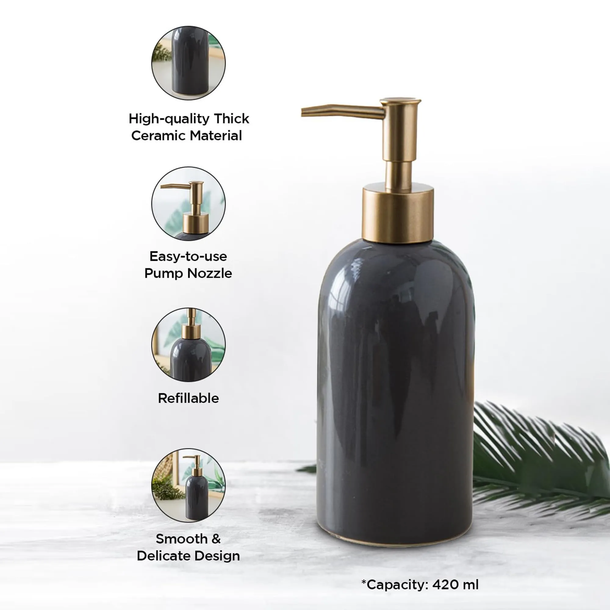 Heart Home Liquid Soap Dispenser | Stoneware | Bathroom Sanitizer, Shampoo Dispenser | Ceramic Handwash Bottle for Kitchen | Soap Dispenser for Wash Basin | Bathroom Accessories | 420ml (Grey)