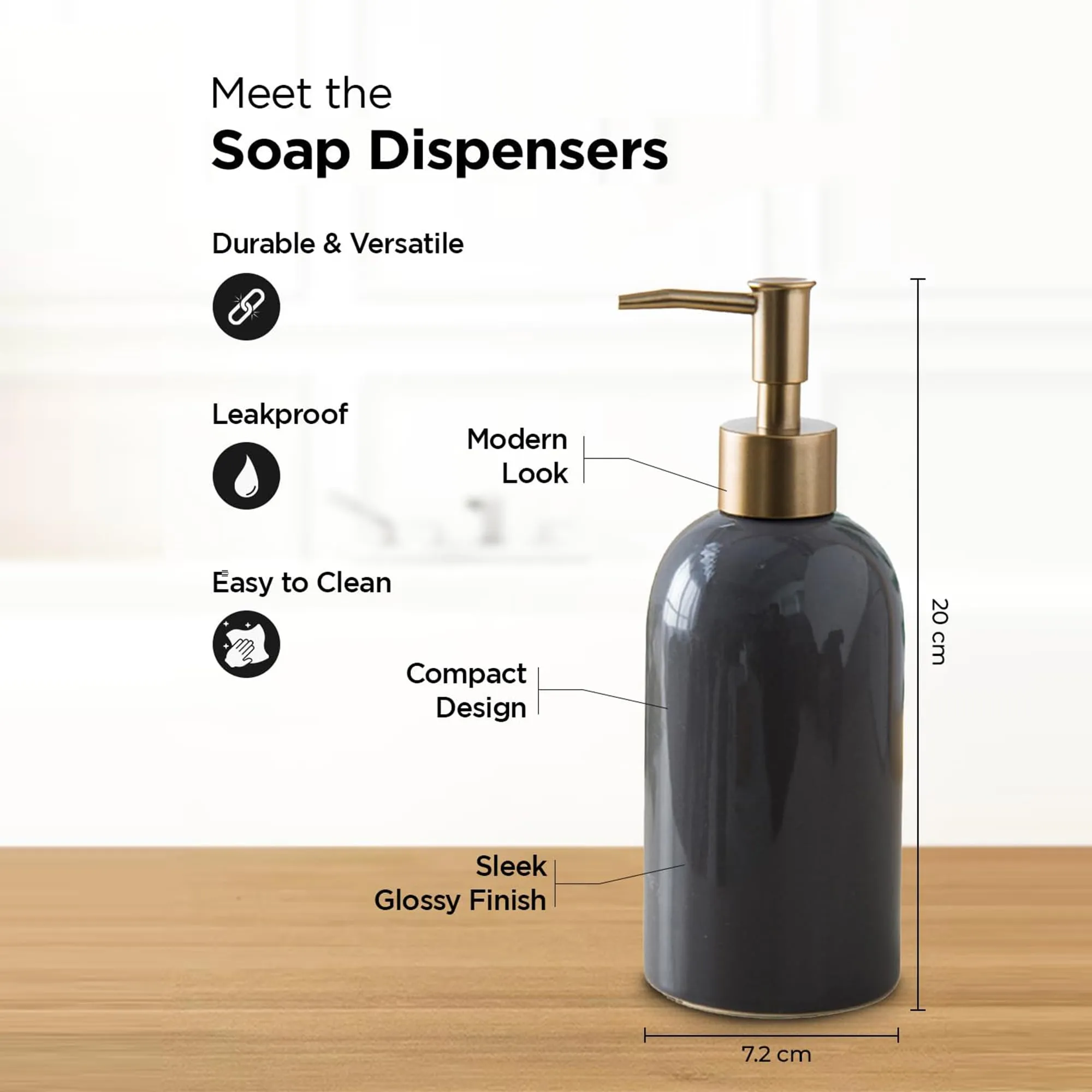 Heart Home Liquid Soap Dispenser | Stoneware | Bathroom Sanitizer, Shampoo Dispenser | Ceramic Handwash Bottle for Kitchen | Soap Dispenser for Wash Basin | Bathroom Accessories | 420ml (Grey)