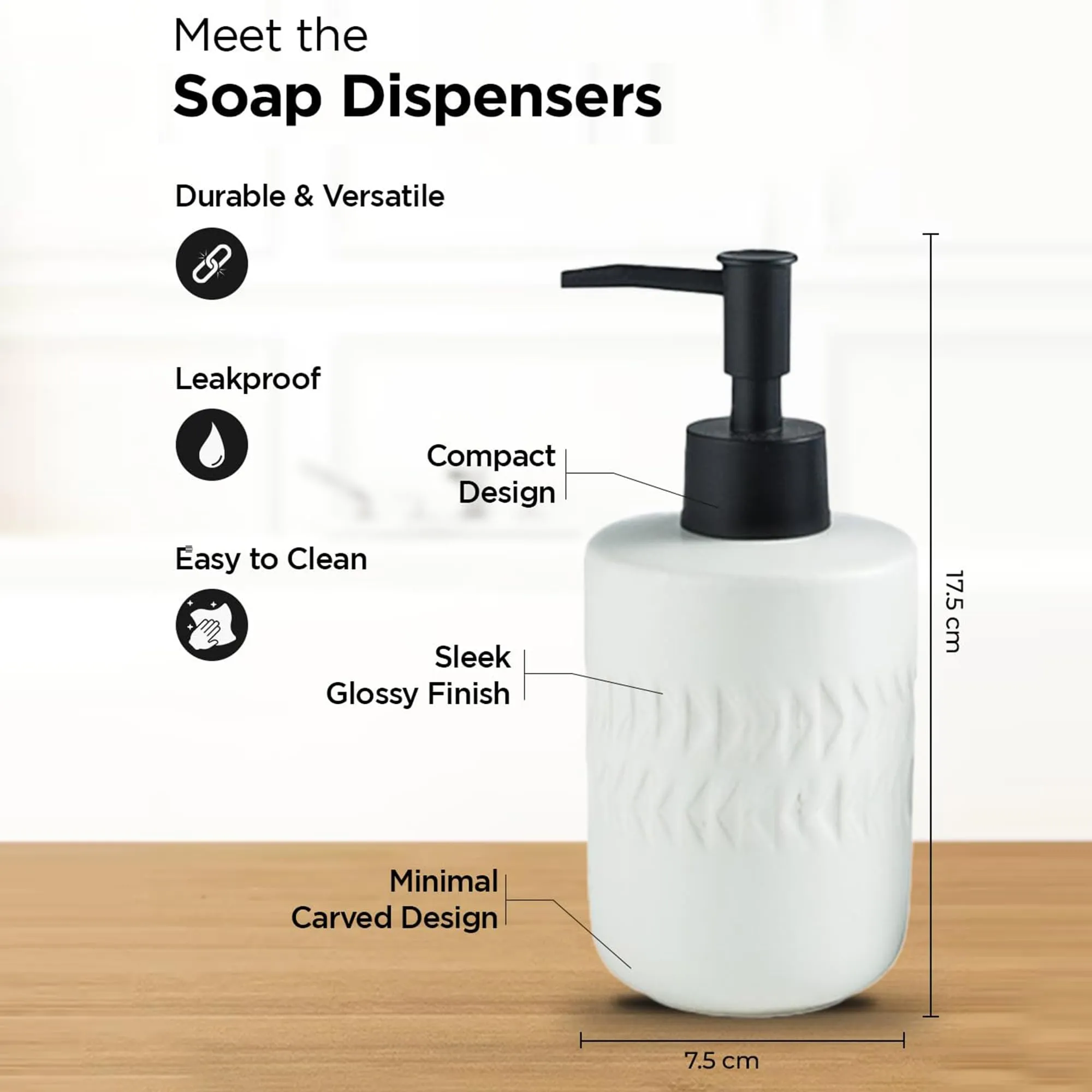 Homestic Liquid Soap Dispenser | Stoneware | Bathroom Sanitizer,Shampoo Dispenser | Ceramic Handwash Bottle for Kitchen | Soap Dispenser for Wash Basin | Bathroom Accessories | 250ml (White)