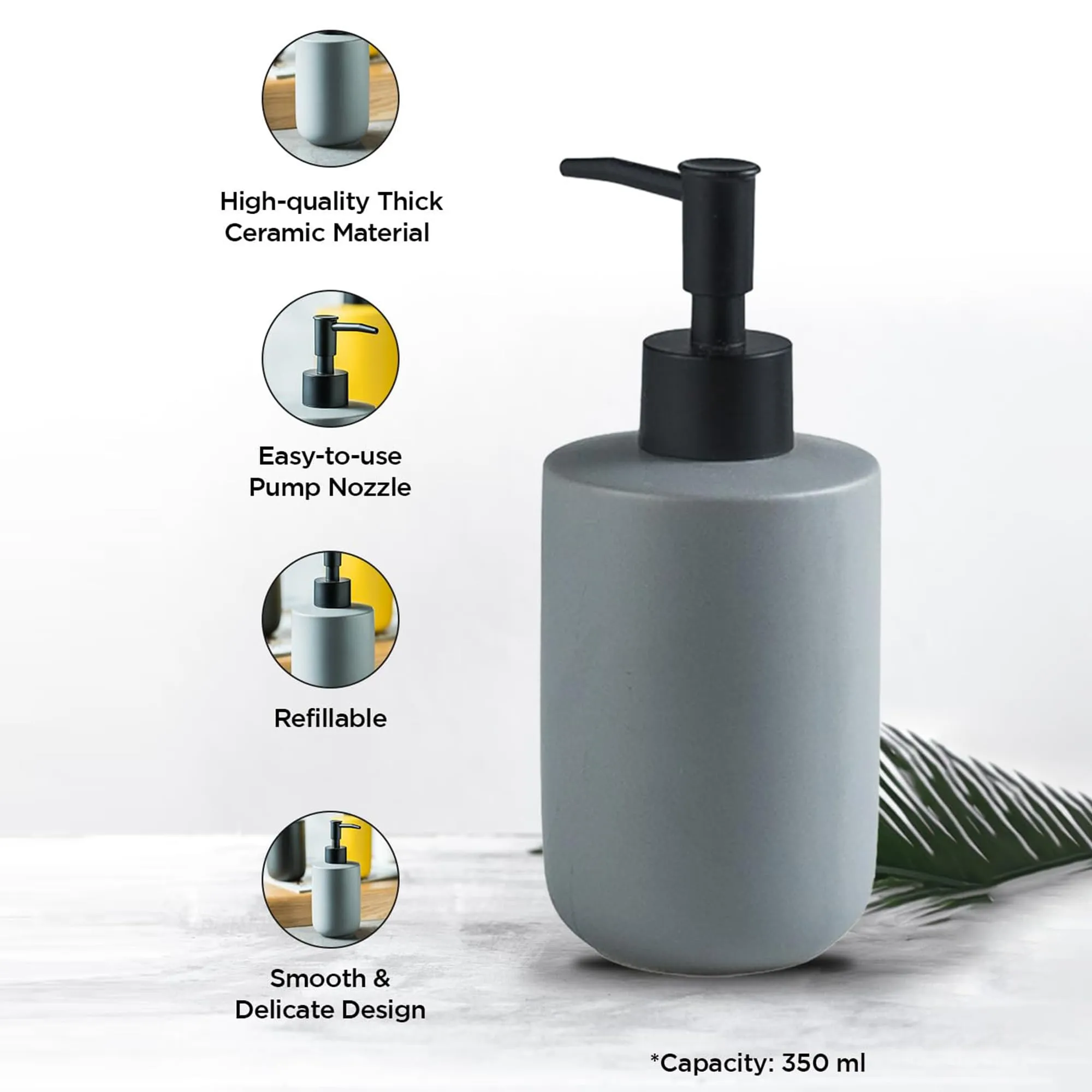 Homestic Liquid Soap Dispenser | Stoneware | Bathroom Sanitizer,Shampoo Dispenser | Ceramic Handwash Bottle for Kitchen | Soap Dispenser for Wash Basin | Bathroom Accessories | 350ml (Grey)