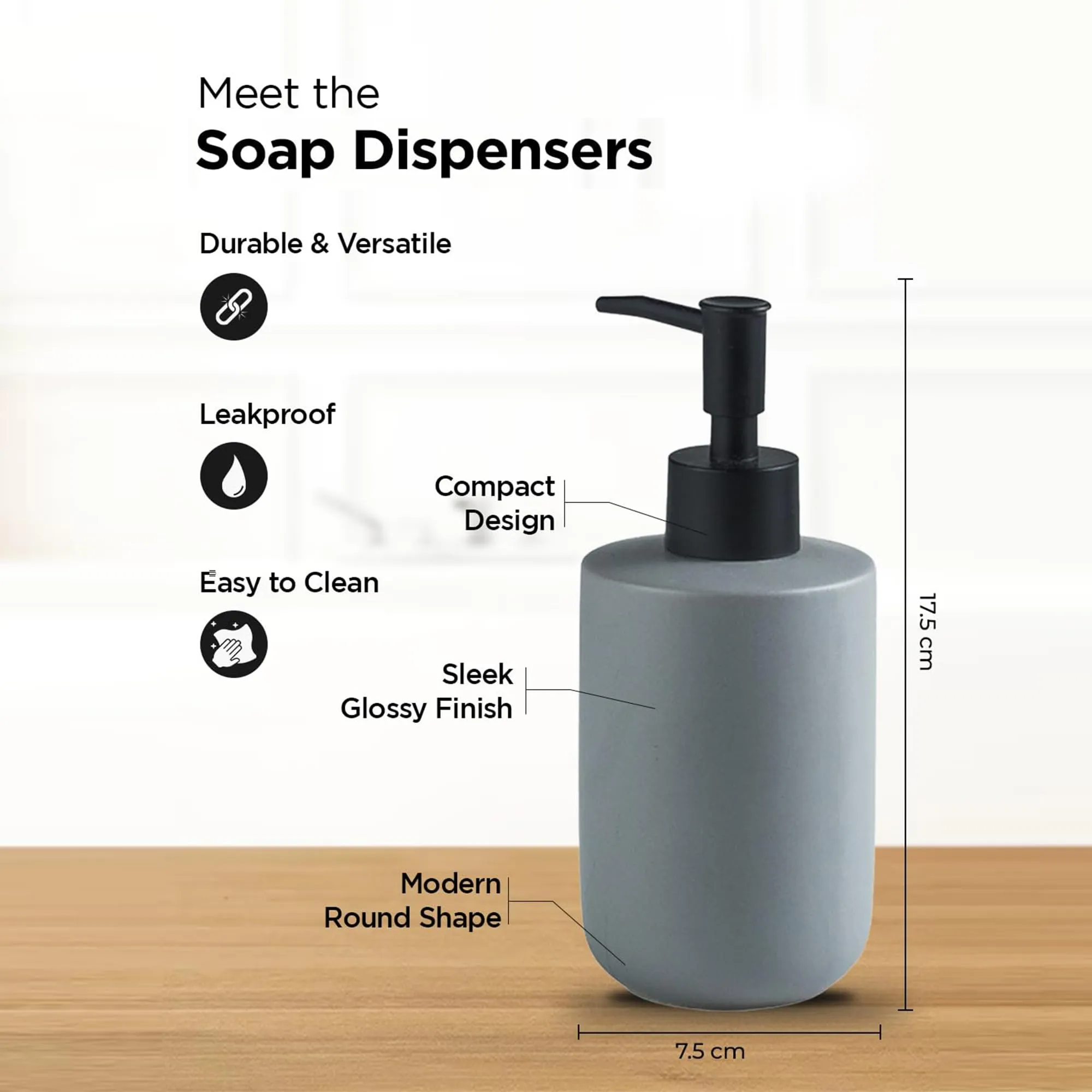 Homestic Liquid Soap Dispenser | Stoneware | Bathroom Sanitizer,Shampoo Dispenser | Ceramic Handwash Bottle for Kitchen | Soap Dispenser for Wash Basin | Bathroom Accessories | 350ml (Grey)