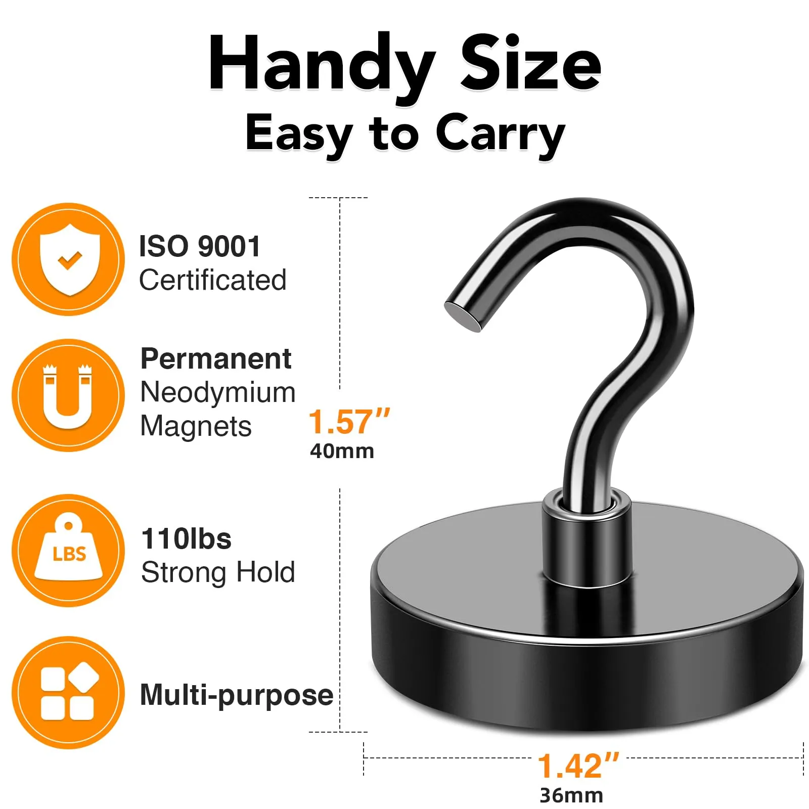 MIKEDE Magnetic Hooks Heavy Duty, 150LB  Strong Black Magnetic Hooks for Refrigerator, Rare Earth Neodymium Magnet Hooks with Epoxy Coating, Cruise Magnets with Hooks for Hanging, Garage - 6 Pack