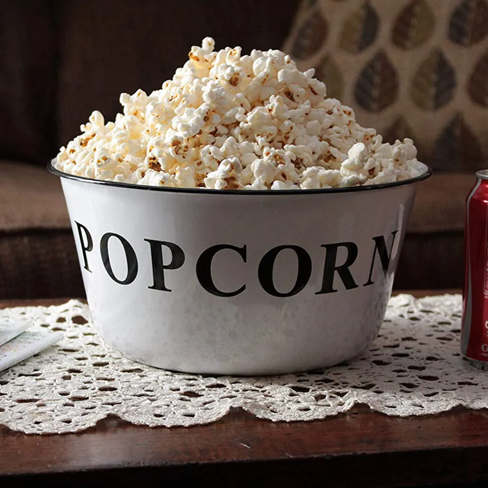 Red Co. Extra Large Enamel Popcorn Bowl, Mixing & Serving Container, White with Distressed Black Accents, 4 Quart