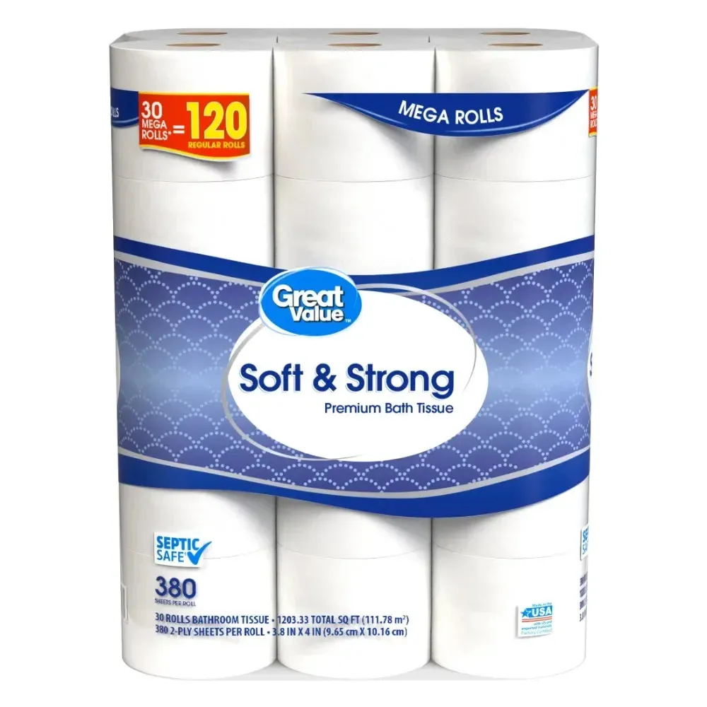 Soft & Strong Premium Toilet Paper, 30 Mega Rolls, 380 Sheets per Roll