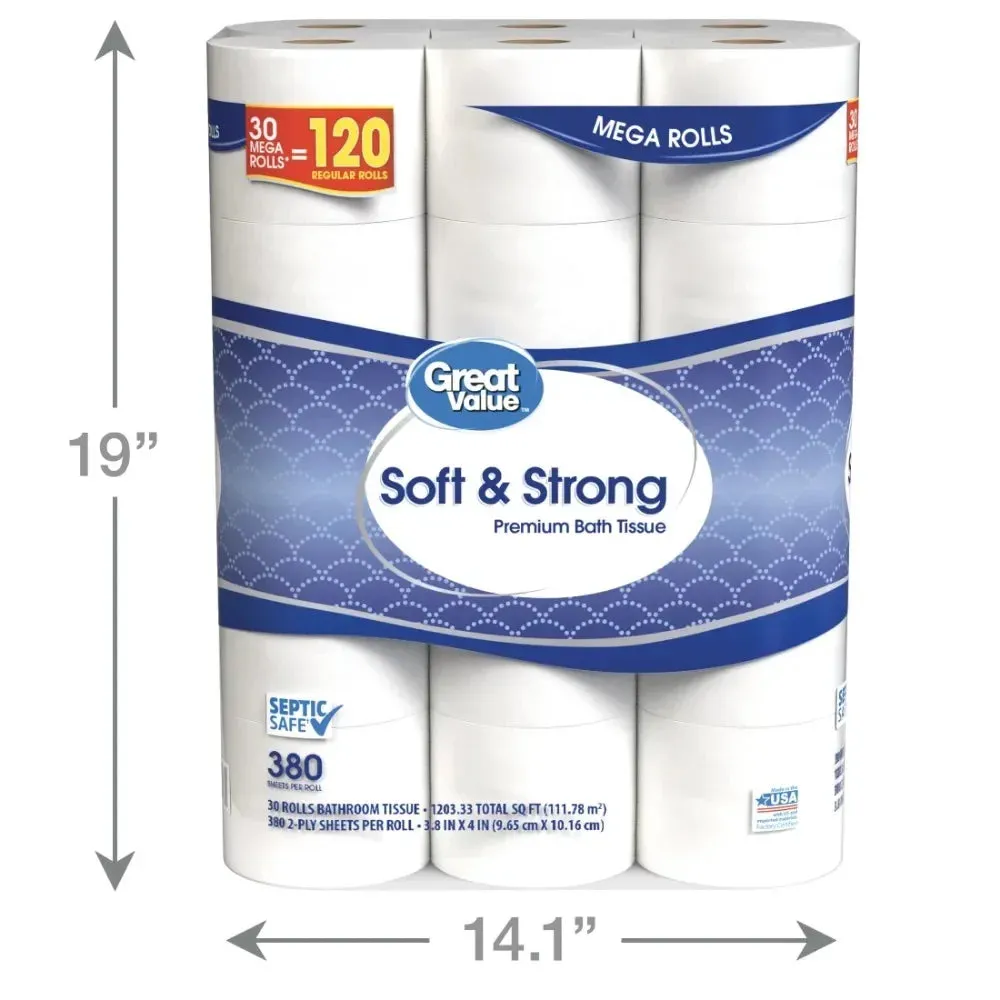 Soft & Strong Premium Toilet Paper, 30 Mega Rolls, 380 Sheets per Roll