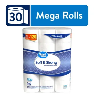 Soft & Strong Premium Toilet Paper, 30 Mega Rolls, 380 Sheets per Roll