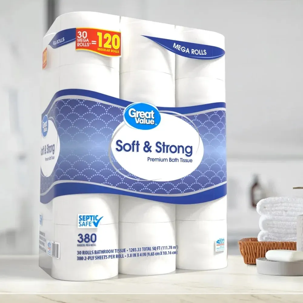 Soft & Strong Premium Toilet Paper, 30 Mega Rolls, 380 Sheets per Roll