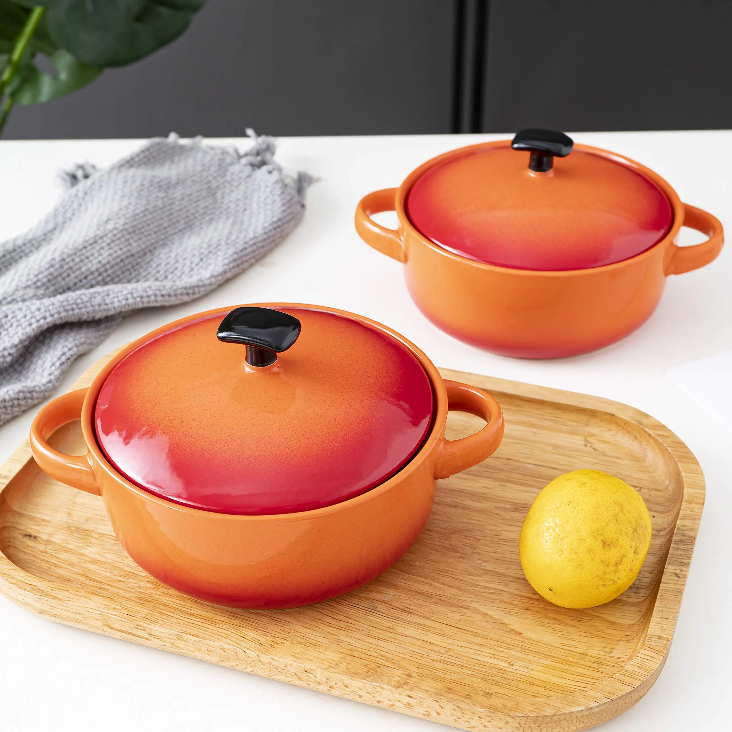 Soup Crocks Bake & Serve Oven Safe Ceramic Soup Bowls With Handles and lids - 20oz Set