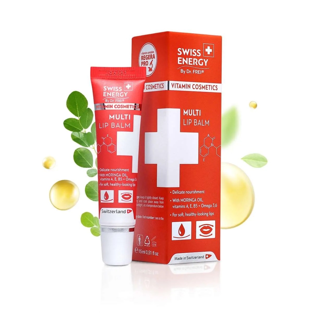 Swiss Energy, Multi lip balm. Lip balm with moringa oil   vitamins A, B5   omega 3-6, 15ml.