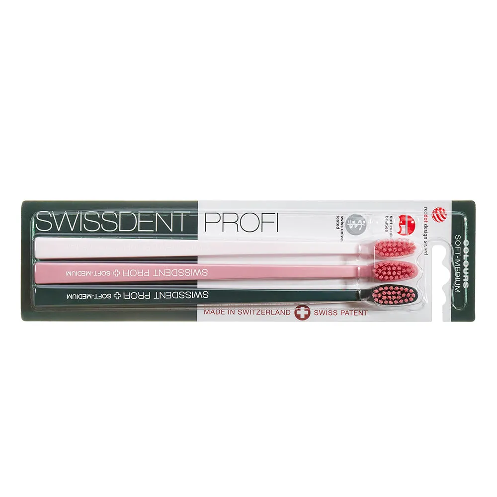 SWISSDENT PROFI COLOURS Toothbrush Triopack SOFT-MEDIUM (light rose, rose, dark green)