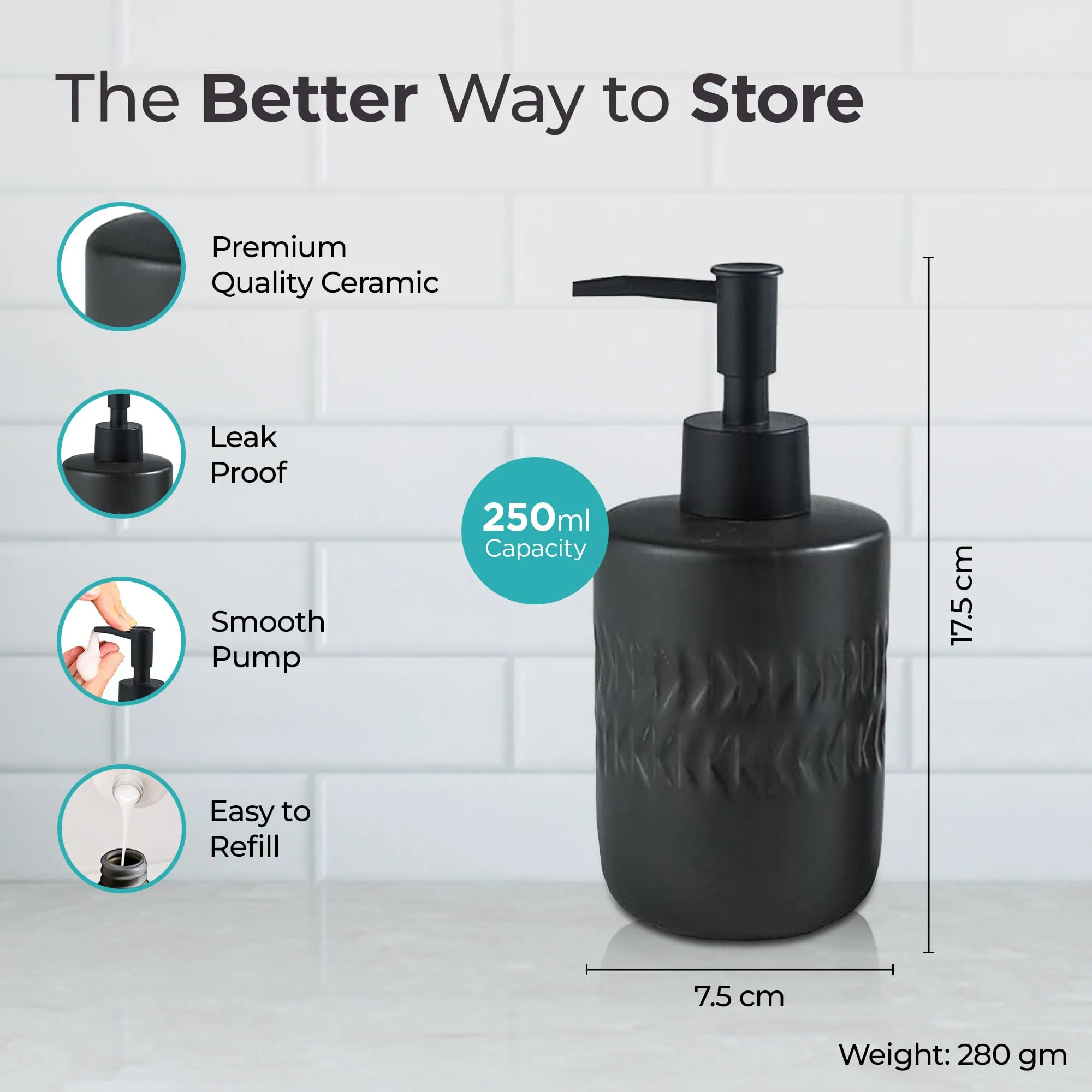 The Better Home 250ML Black Ceramic Soap Dispenser for Bathroom | Bathroom Accessories | Handwash Dispenser | Liquid Soap Dispenser for Kitchen | Handwash Bottle | Hand Wash Dispensers Pump