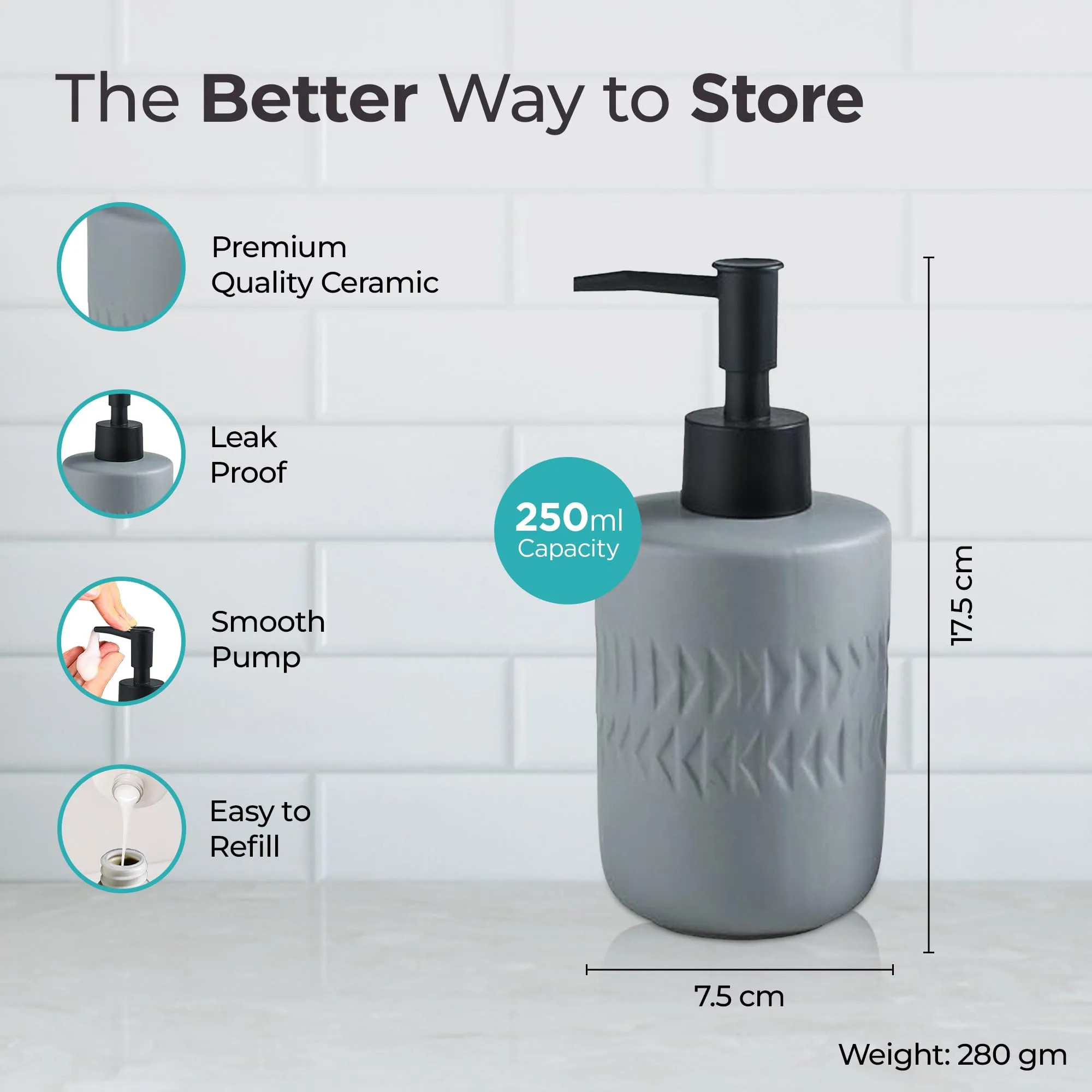 The Better Home 250ML Grey Ceramic Soap Dispenser for Bathroom | Bathroom Accessories | Handwash Dispenser | Liquid Soap Dispenser for Kitchen | Handwash Bottle | Hand Wash Dispensers Pump