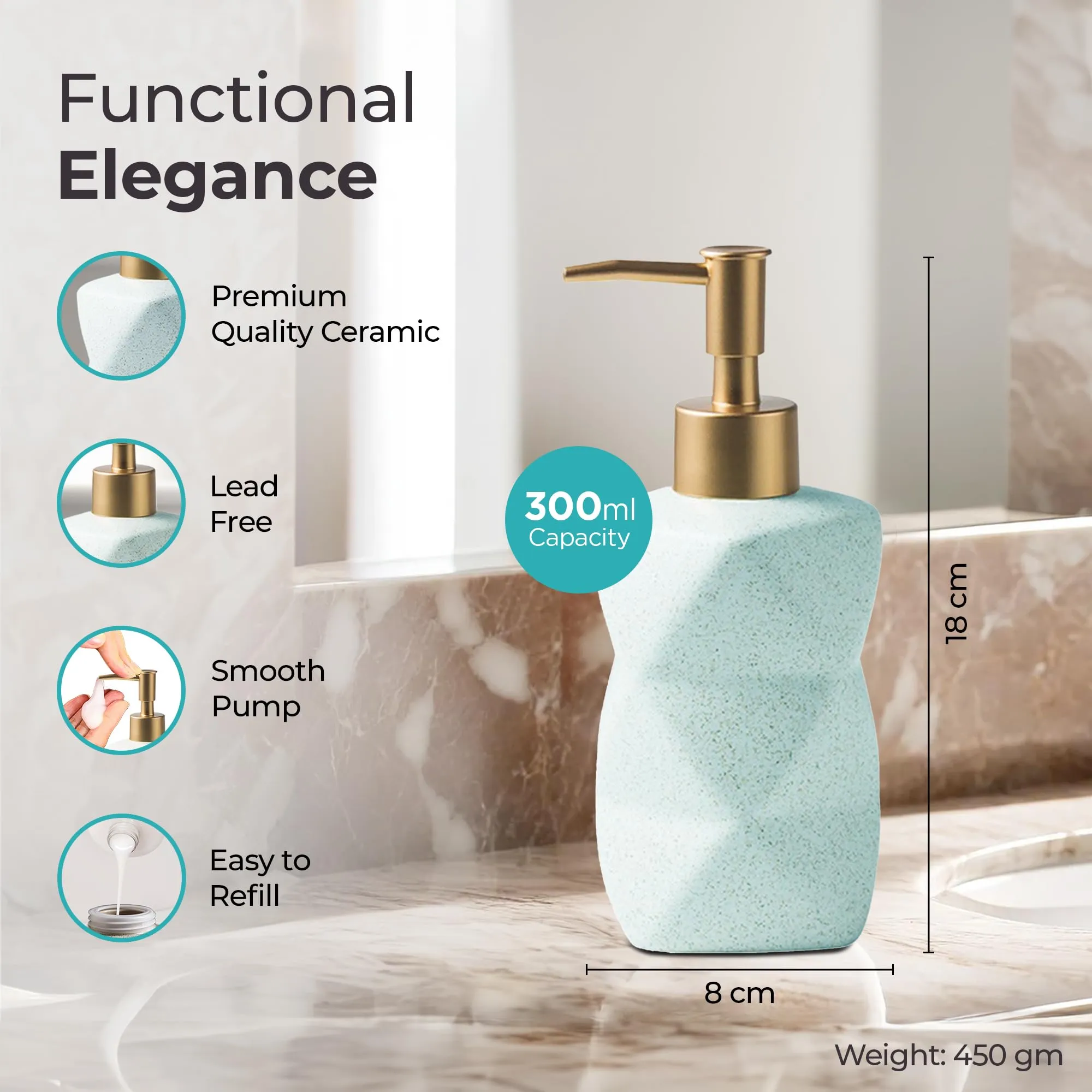 The Better Home 300ML Blue Ceramic Soap Dispenser for Bathroom | Bathroom Accessories | Handwash Dispenser | Liquid Soap Dispenser for Kitchen | Handwash Bottle | Hand Wash Dispensers Pump