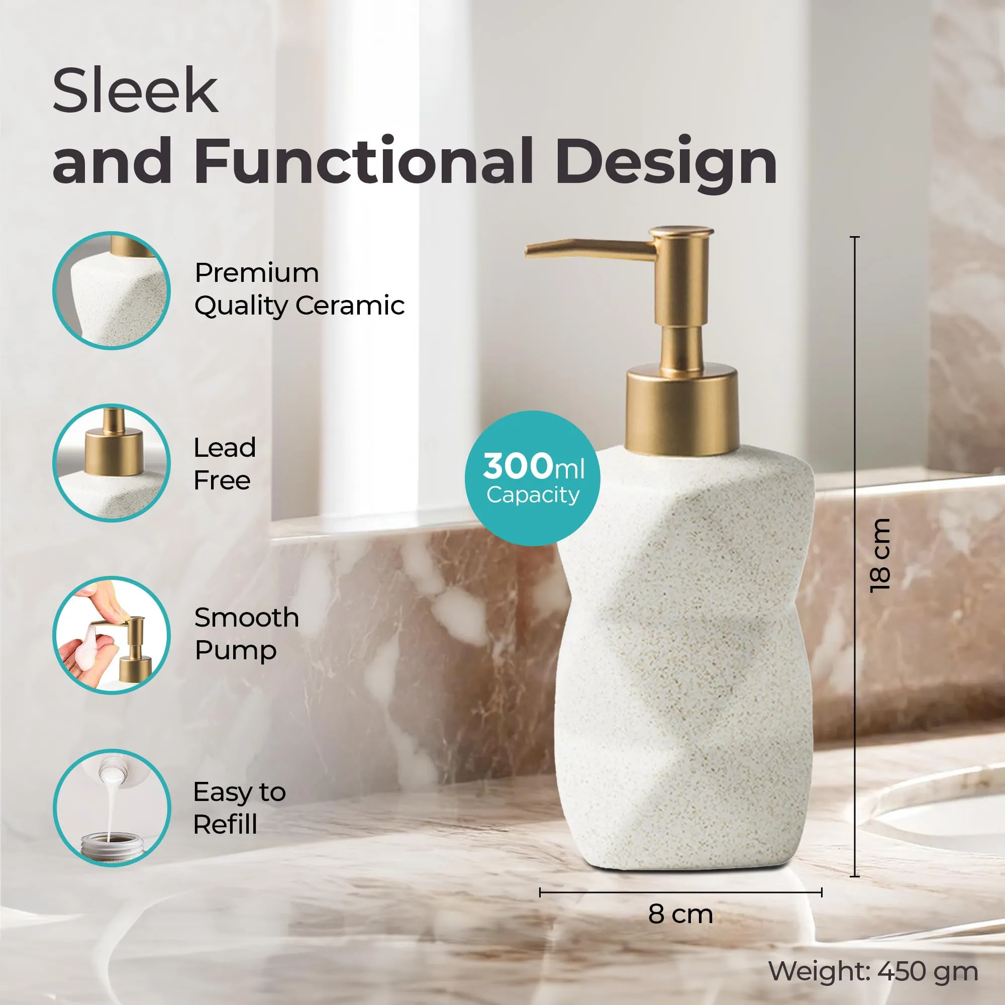 The Better Home 300ML White Ceramic Soap Dispenser for Bathroom | Bathroom Accessories | Handwash Dispenser | Liquid Soap Dispenser for Kitchen | Handwash Bottle | Hand Wash Dispensers Pump