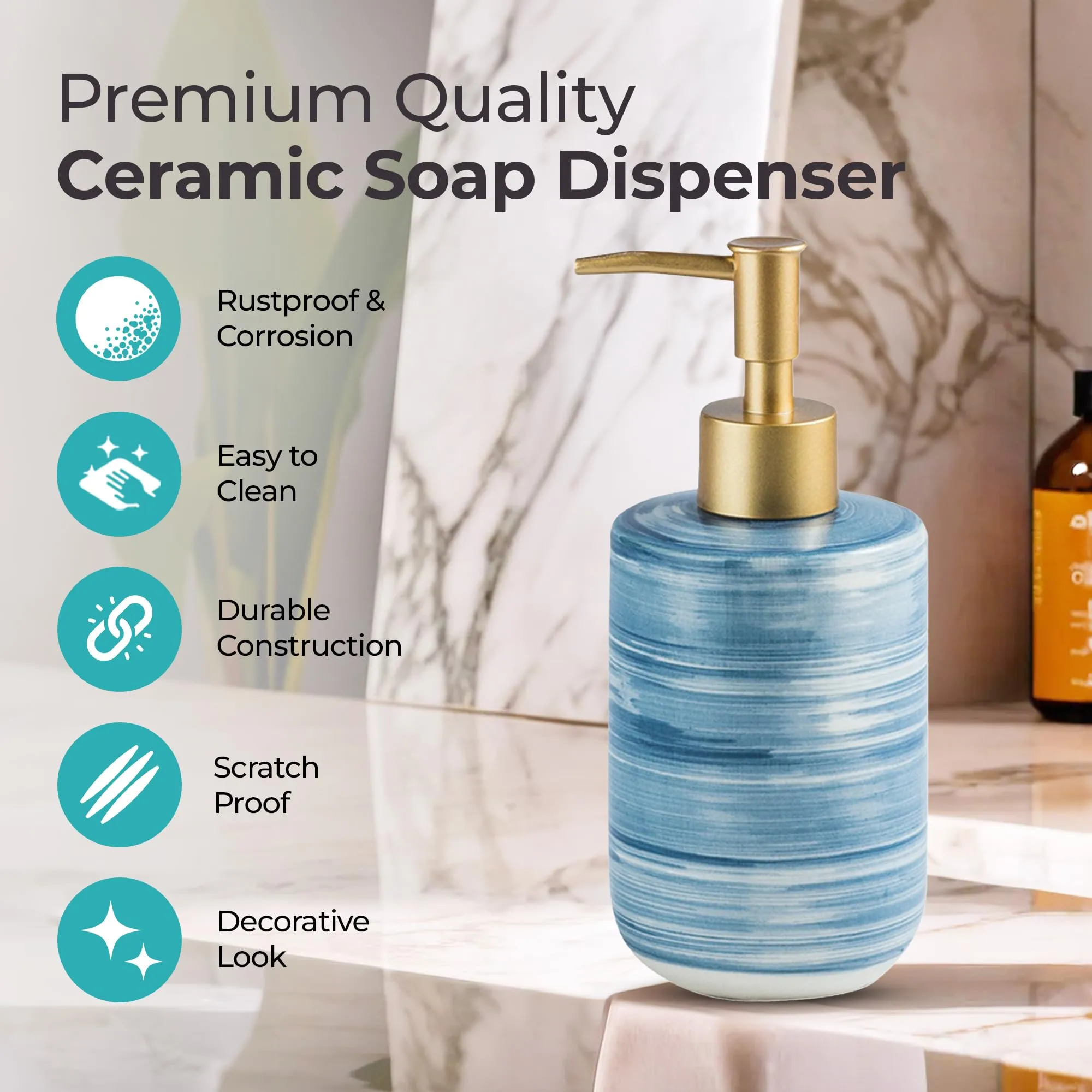 The Better Home 350 ML Blue Ceramic Soap Dispenser for Bathroom | Bathroom Accessories | Handwash Dispenser | Liquid Soap Dispenser for Kitchen | Handwash Bottle | Hand Wash Dispensers Pump