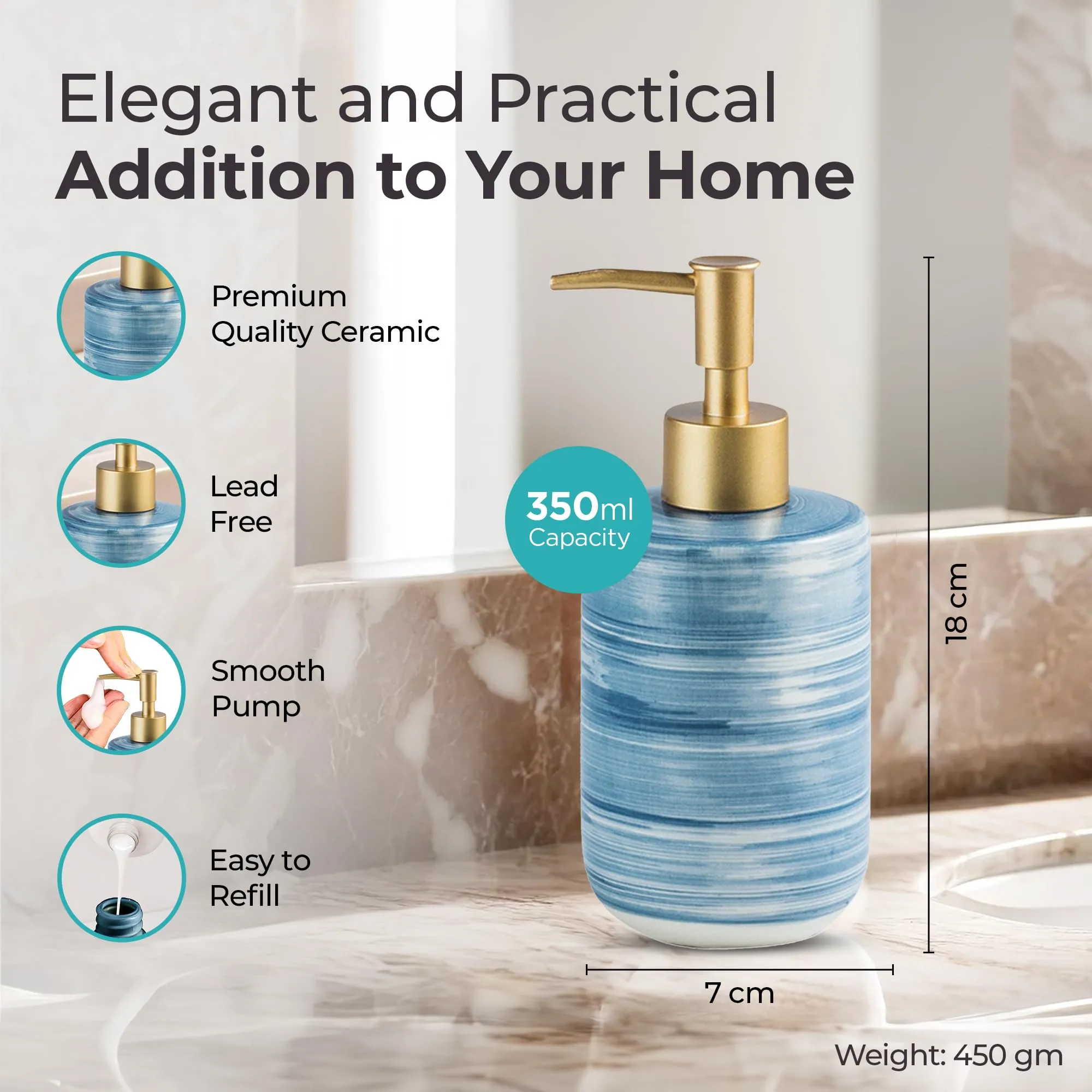 The Better Home 350 ML Blue Ceramic Soap Dispenser for Bathroom | Bathroom Accessories | Handwash Dispenser | Liquid Soap Dispenser for Kitchen | Handwash Bottle | Hand Wash Dispensers Pump