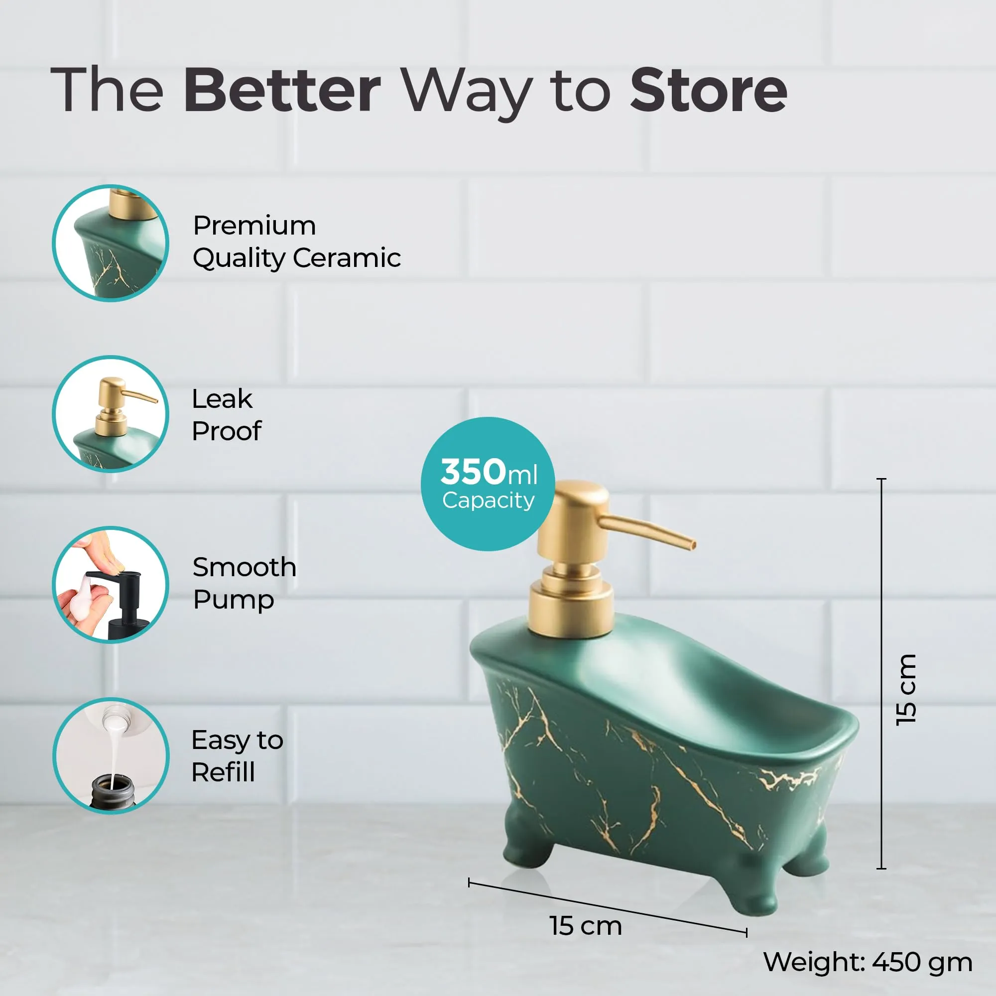 The Better Home 350 ML Green Ceramic Soap Dispenser for Bathroom | Bathroom Accessories | Handwash Dispenser | Liquid Soap Dispenser for Kitchen | Handwash Bottle | Hand Wash Dispensers Pump