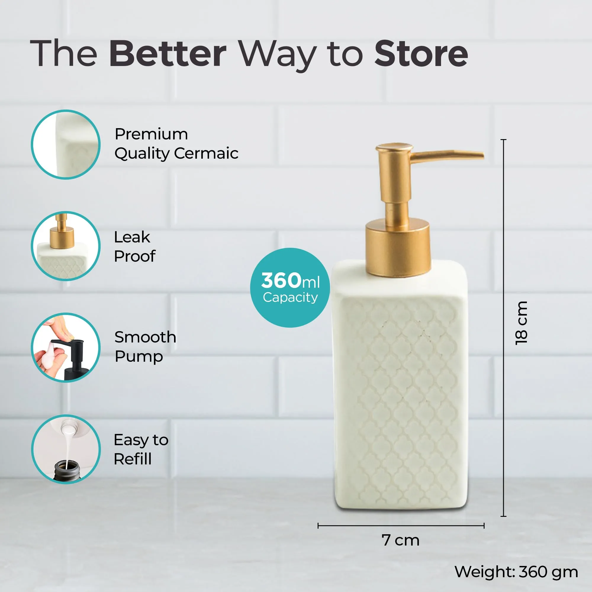 The Better Home 360ML Ceramic Soap Dispenser for Bathroom - White | Bathroom Accessories | Handwash Dispenser | Liquid Soap Dispenser for Kitchen | Hand Wash Dispensers Pump