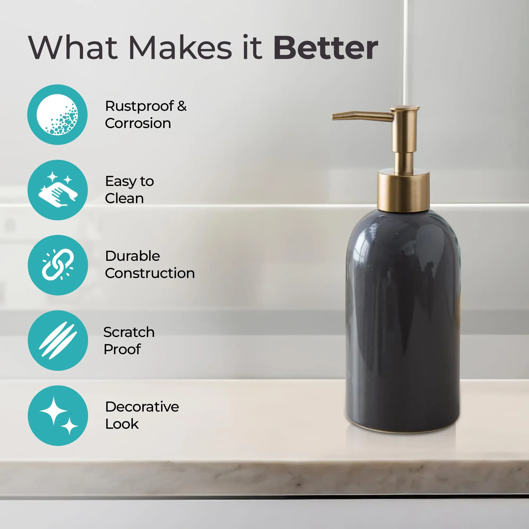 The Better Home 420ML Ceramic Soap Dispenser for Bathroom | Liquid Soap Dispenser for Kitchen | Handwash Dispenser | Bathroom Accessories | Handwash Bottle | Hand Wash Dispensers Pump | Grey