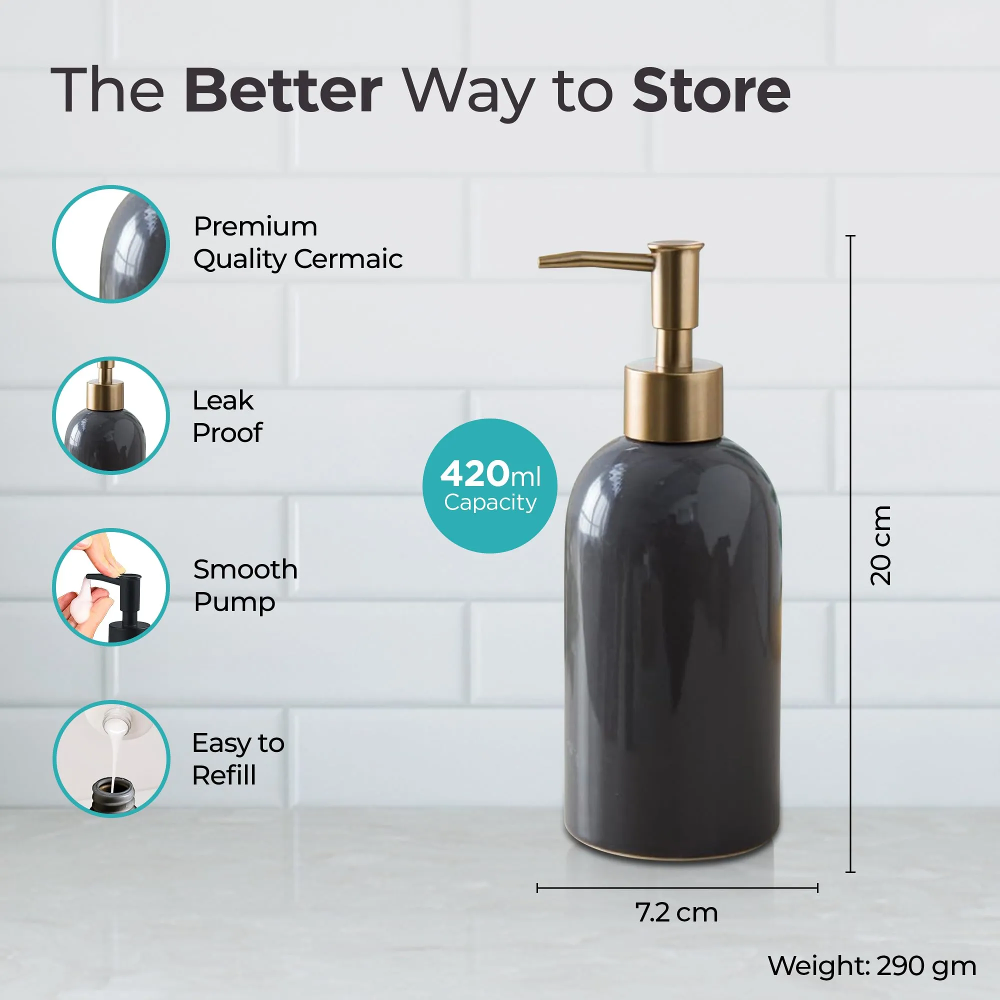 The Better Home 420ML Ceramic Soap Dispenser for Bathroom | Liquid Soap Dispenser for Kitchen | Handwash Dispenser | Bathroom Accessories | Handwash Bottle | Hand Wash Dispensers Pump | Grey