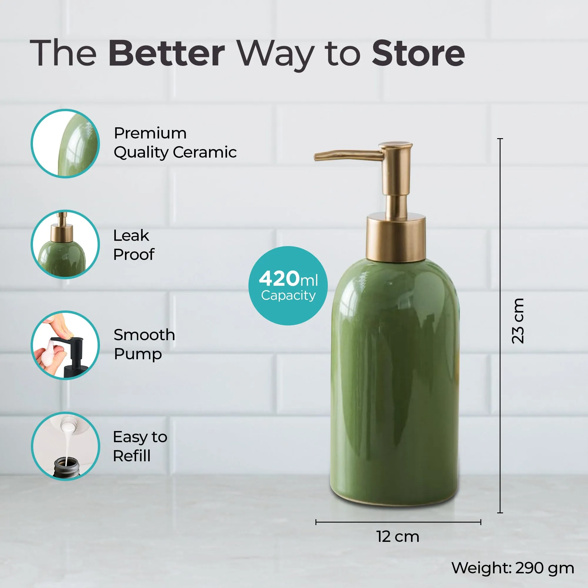 The Better Home 420ML Green Ceramic Soap Dispenser for Bathroom | Bathroom Accessories | Handwash Dispenser | Liquid Soap Dispenser for Kitchen | Handwash Bottle | Hand Wash Dispensers Pump