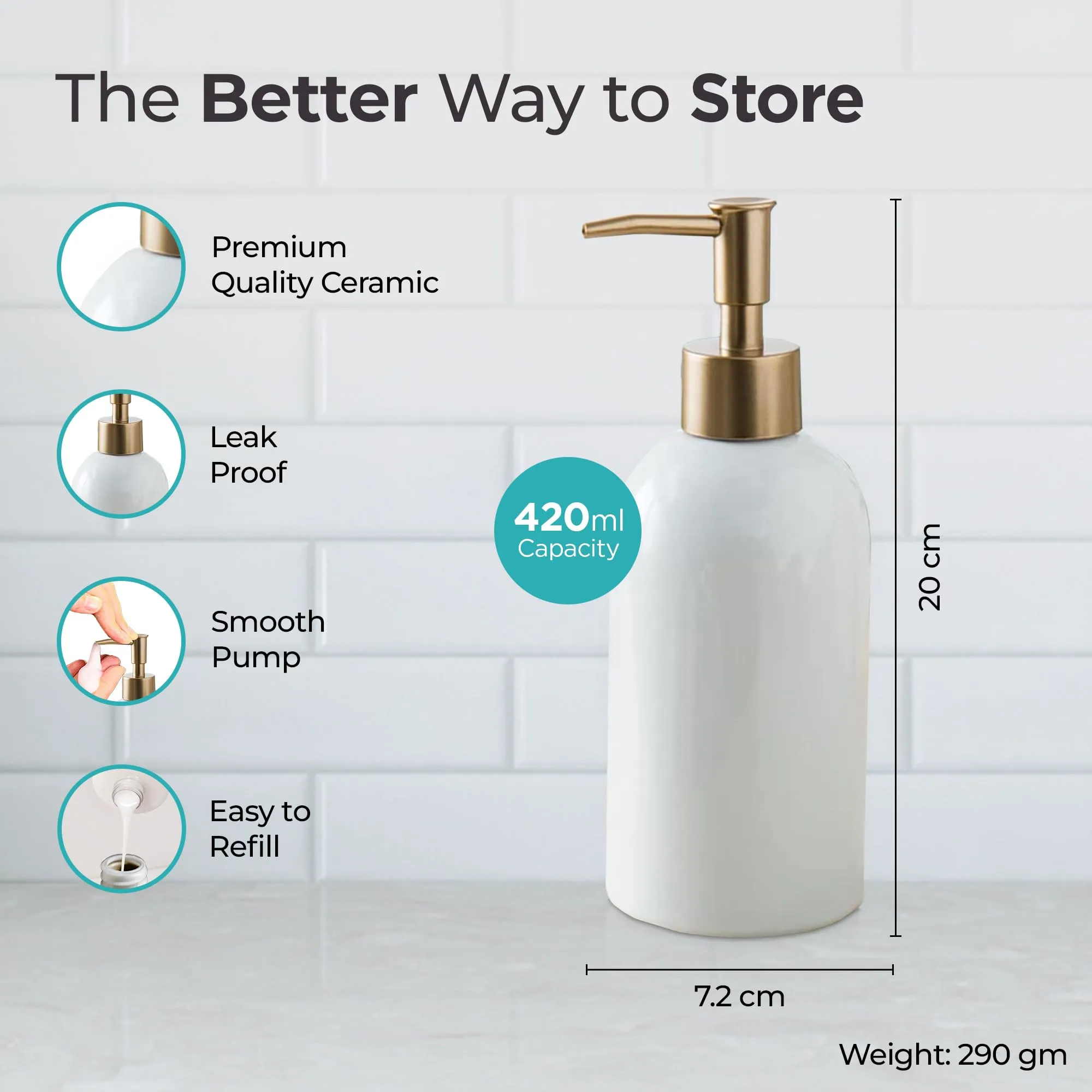 The Better Home 420ML White Ceramic Soap Dispenser for Bathroom | Bathroom Accessories | Handwash Dispenser | Liquid Soap Dispenser for Kitchen | Handwash Bottle | Hand Wash Dispensers Pump