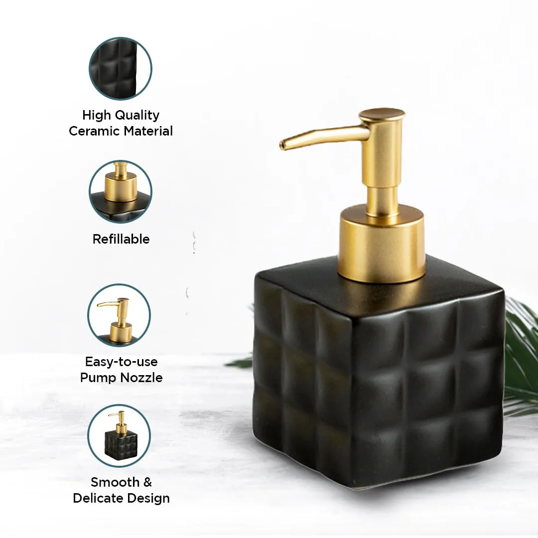 UMAI Liquid Soap Dispenser | Stoneware | Bathroom Sanitizer, Lotion, Shampoo Dispenser | Ceramic Handwash Bottle for Kitchen | Soap Dispenser for Wash Basin | Bathroom Accessories | 220 ml (Black)