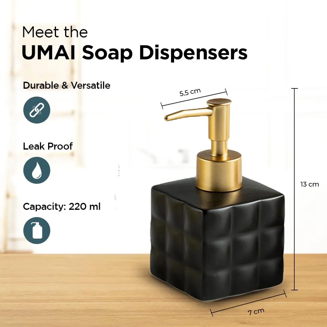 UMAI Liquid Soap Dispenser | Stoneware | Bathroom Sanitizer, Lotion, Shampoo Dispenser | Ceramic Handwash Bottle for Kitchen | Soap Dispenser for Wash Basin | Bathroom Accessories | 220 ml (Black)