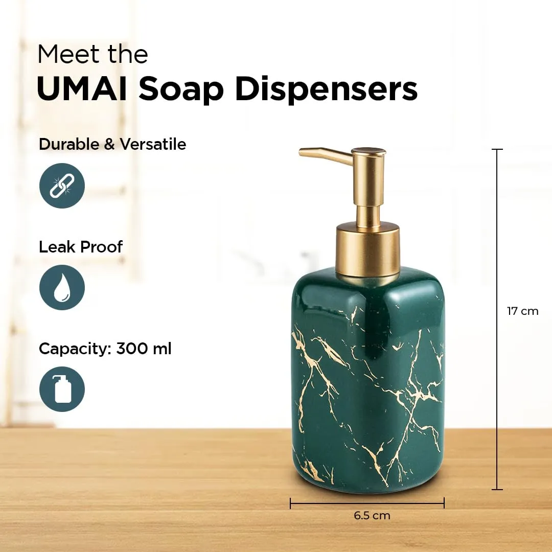 UMAI Liquid Soap Dispenser | Stoneware | Bathroom Sanitizer, Lotion, Shampoo Dispenser | Ceramic Handwash Bottle for Kitchen | Soap Dispenser for Wash Basin | Bathroom Accessories | 300 ml (Green)